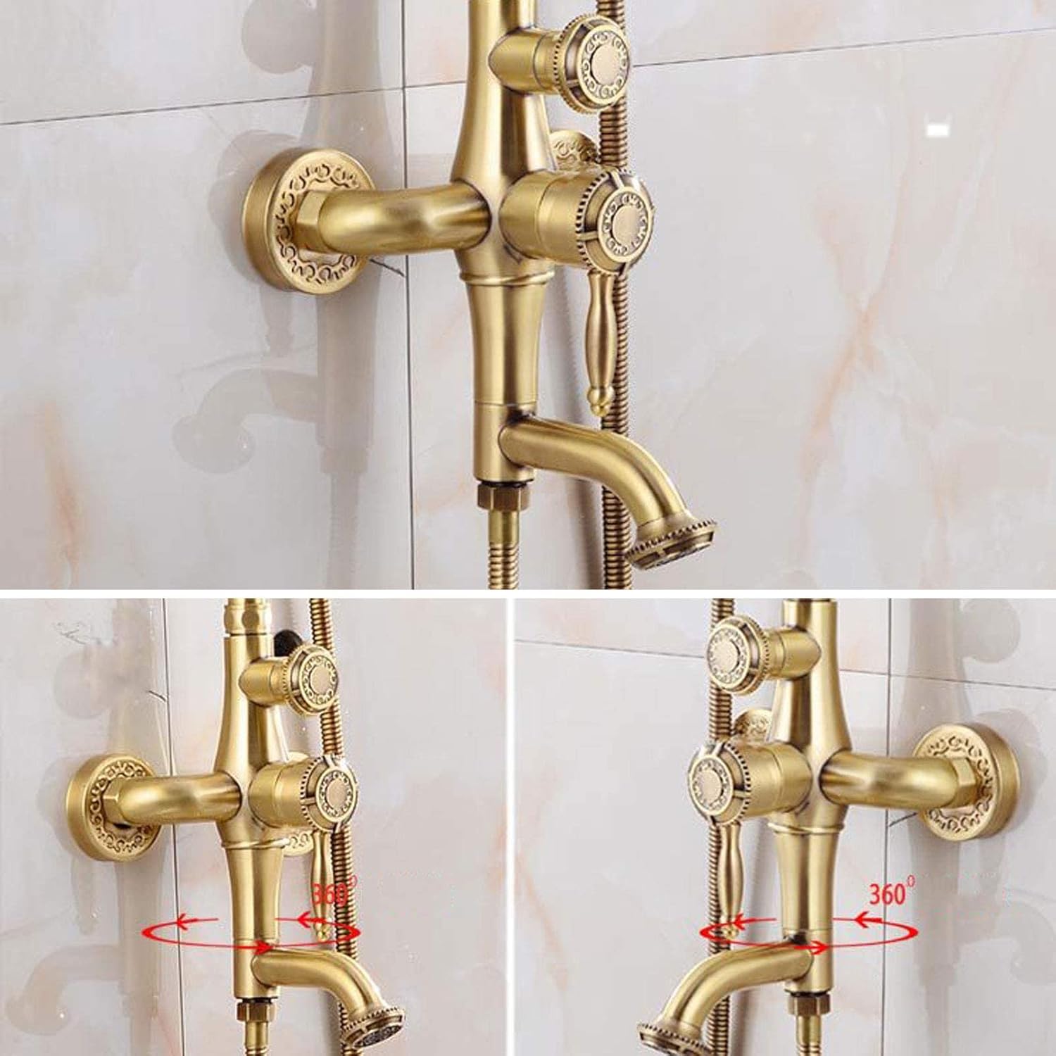 Antique Shower System Adjustable Height, Wall Mounted Shower Set Brass with Overhead Shower Head Tap, Retro Golden Shower Mixer Set for Bathroom Hotel Gym