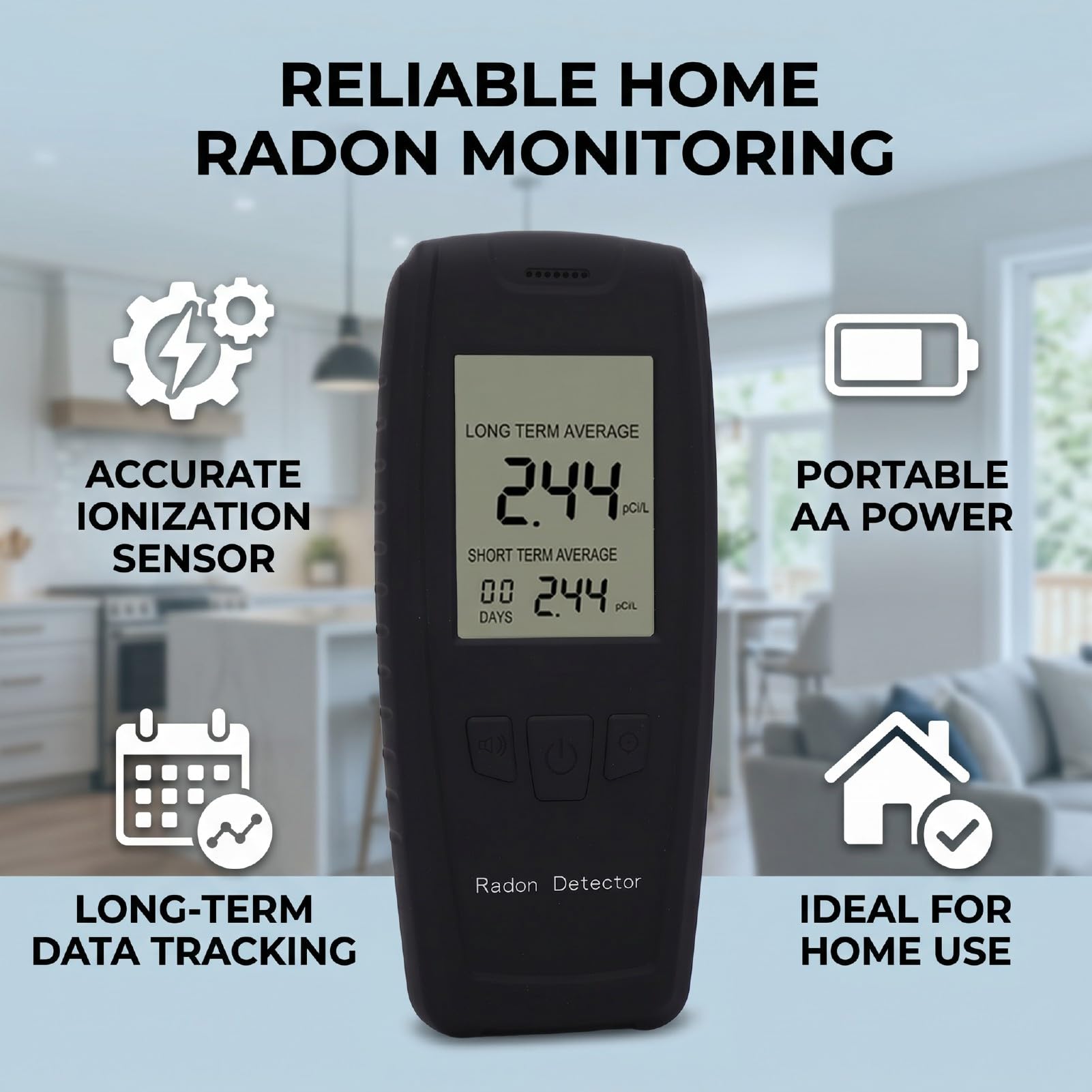 Luocute Rilevatore di Radon Portatile, Display LCD Digitale 0-270pCi L Monitor di Radon con Sensore Ionico Avanzato, Allarmi Visivi Acustici, Archiviazione Dati a Lungo Termine per