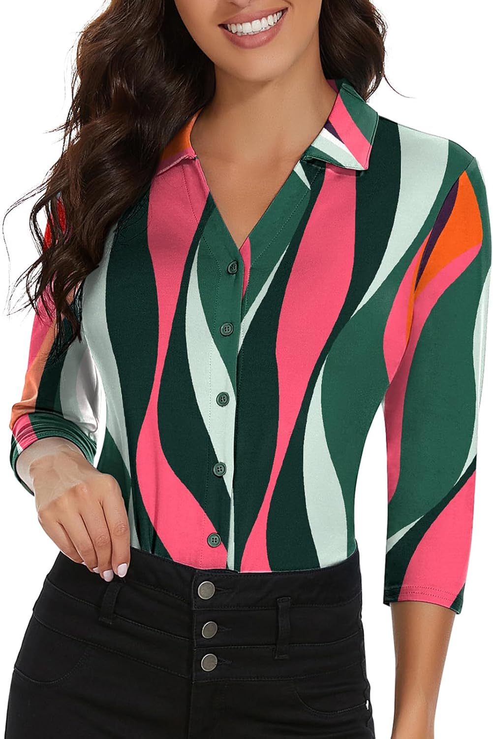 Soneven Womens 3/4 Sleeve Button Down Shirt V Neck Collared Polo Shirts Work Blouses