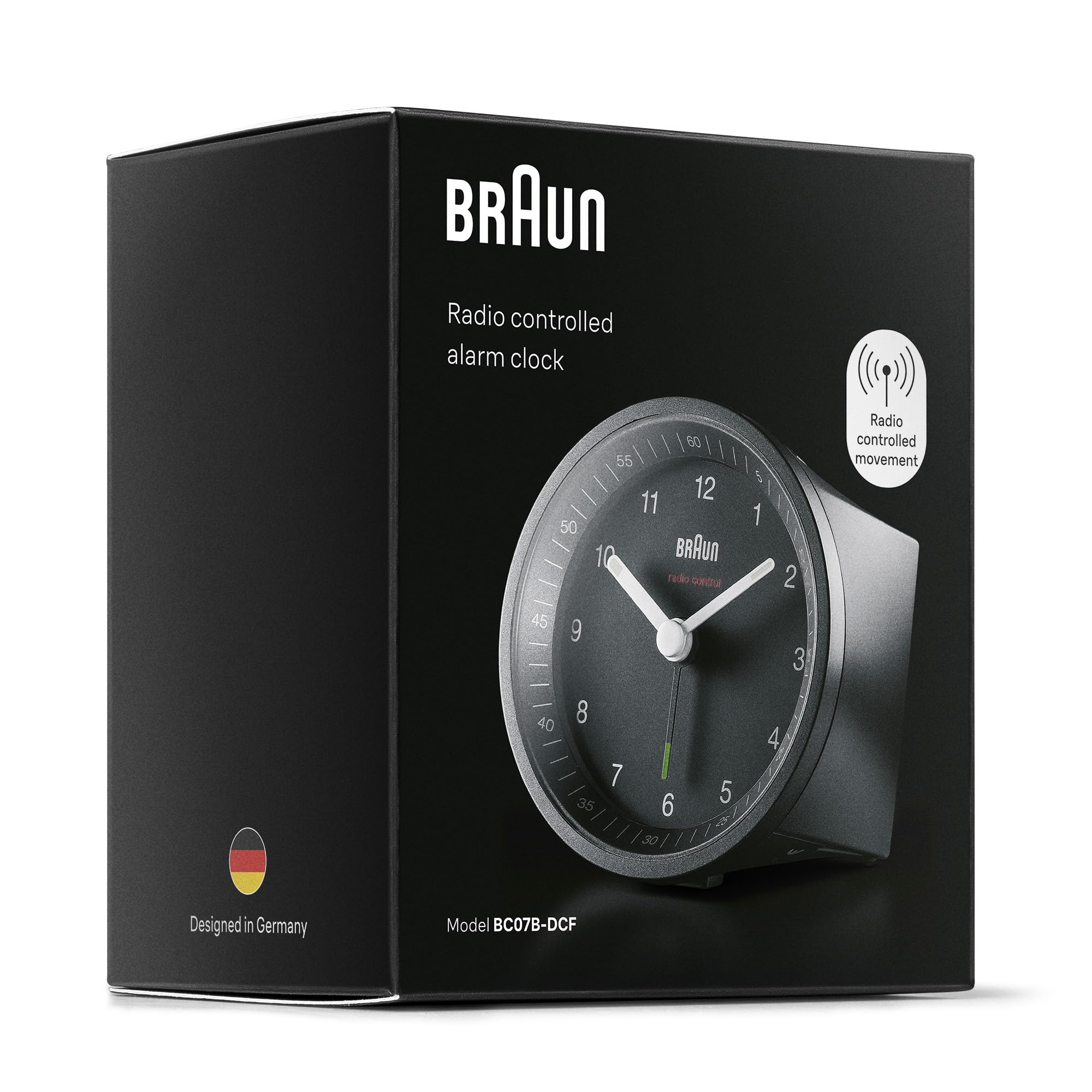 Braun Classic sterowany radiowo budzik analogowy dla środkowoeuropejskiej strefy czasowej (DCF/GMT+1) z funkcją drzemki i światła, cichym ruchem, alarmem dźwiękowym Crescendo w kolorze czarny, model BC07B-DCF.