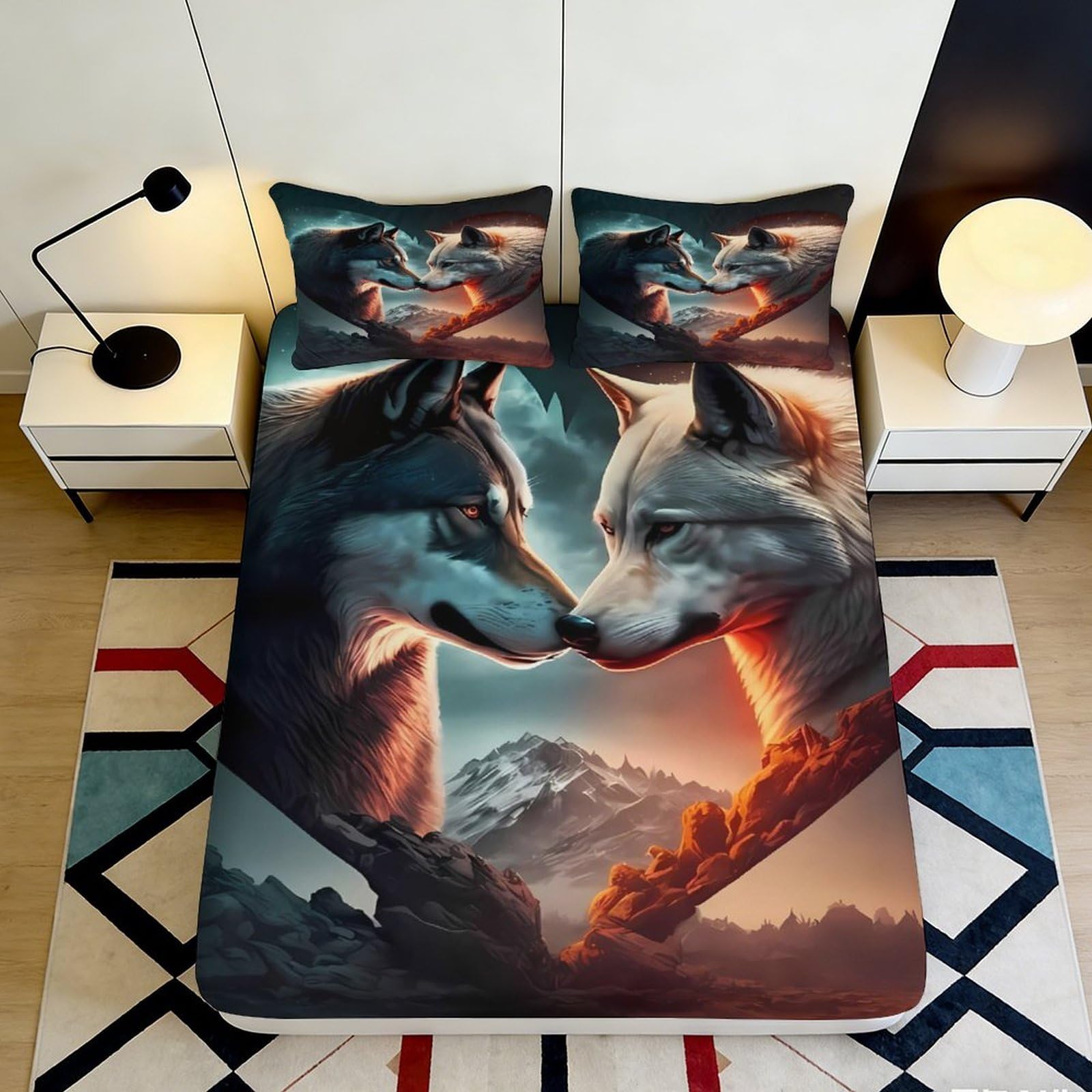 3D Printed Wolf Sunset Fitted Sheet Microfiber Soft Breathable Mountain Bed Cover for Bedroom Dorm Decor 90x200x25cm
