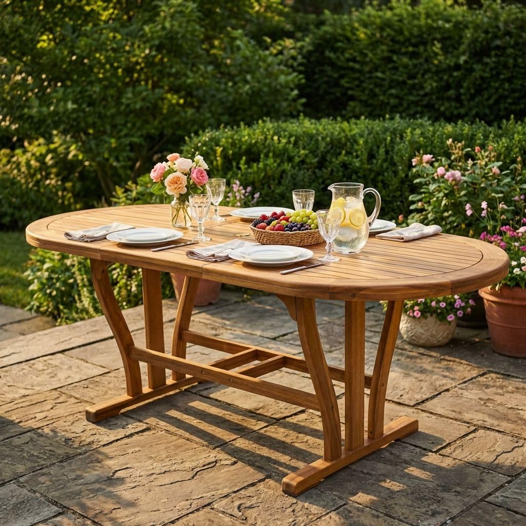 MilaniHome Tavolo Ovale Allungabile in Legno di Acacia 150/200 X 90 per Esterno Giardino Portico Ristorante Bar Hotel Albergo Agriturismo