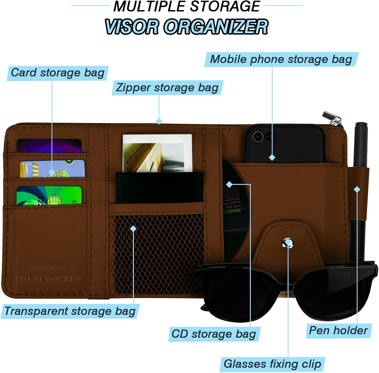 Car Sun Visor Organizer, Leather Pocket Organizer Sunglass Holder for Car Interior Accessories with Multi-Pocket Net Zipper (Brown)