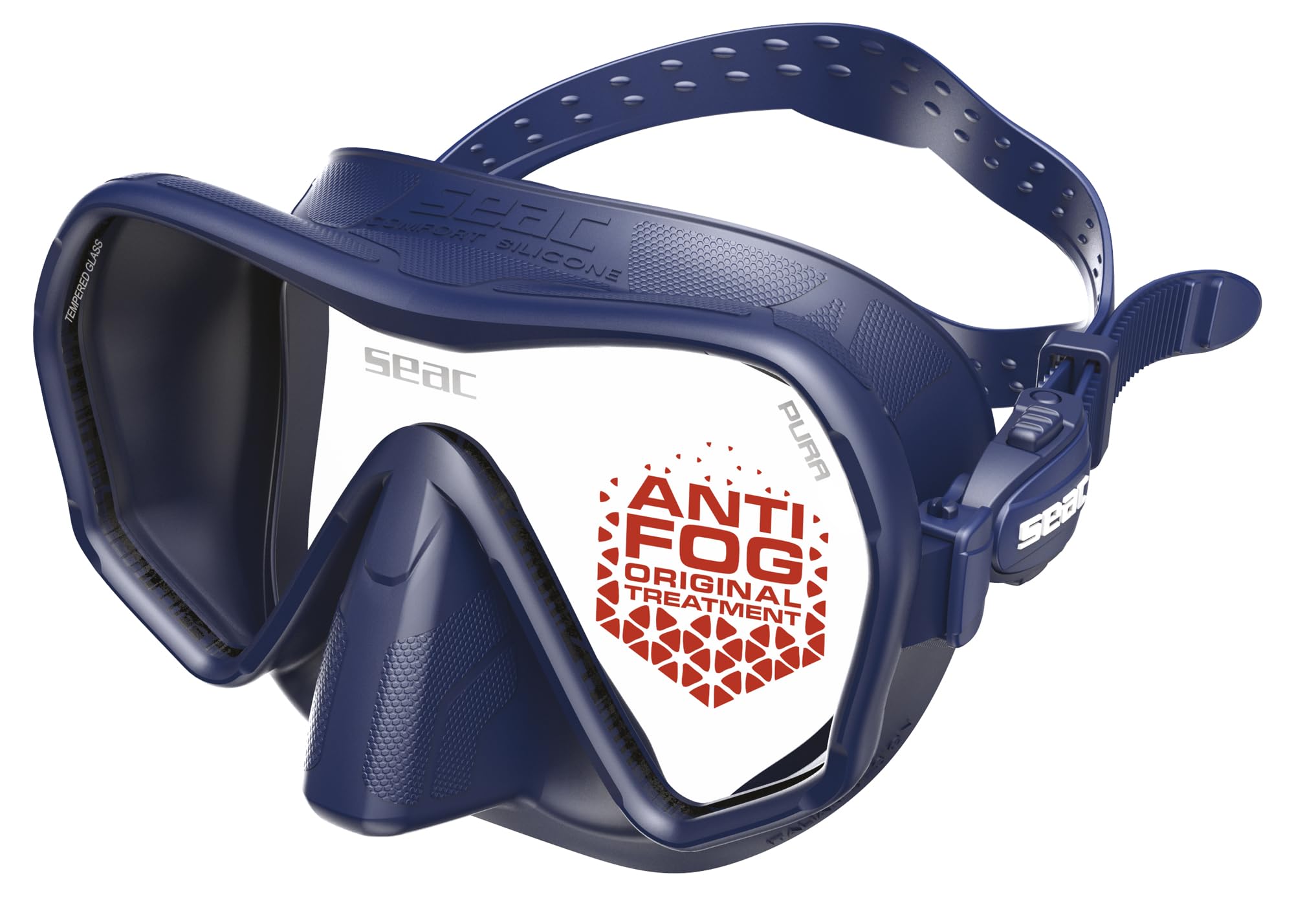 SEAC Pura – Frameless Single-Lens Silicone Diving Mask | Antifog Low Volume Mask for Diving and Snorkeling with 3D Buckle, Blue
