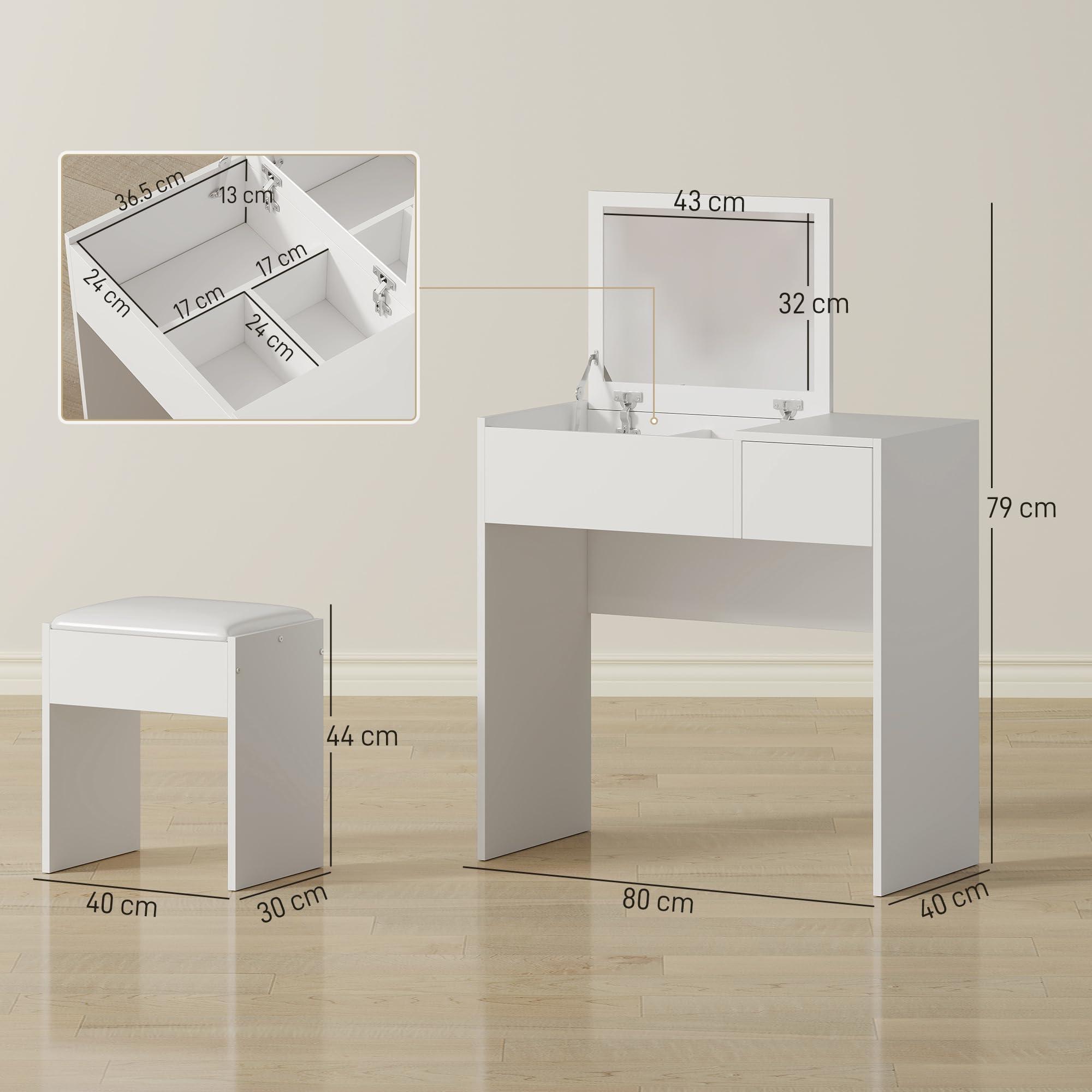 HOMCOM Tavolo da Trucco con Specchio Richiudibile, Tavolo da Trucco Moderno, con Sgabello, Vano Contenitore (4 Scomparti), MDF Bianco, 80x40x79 cm