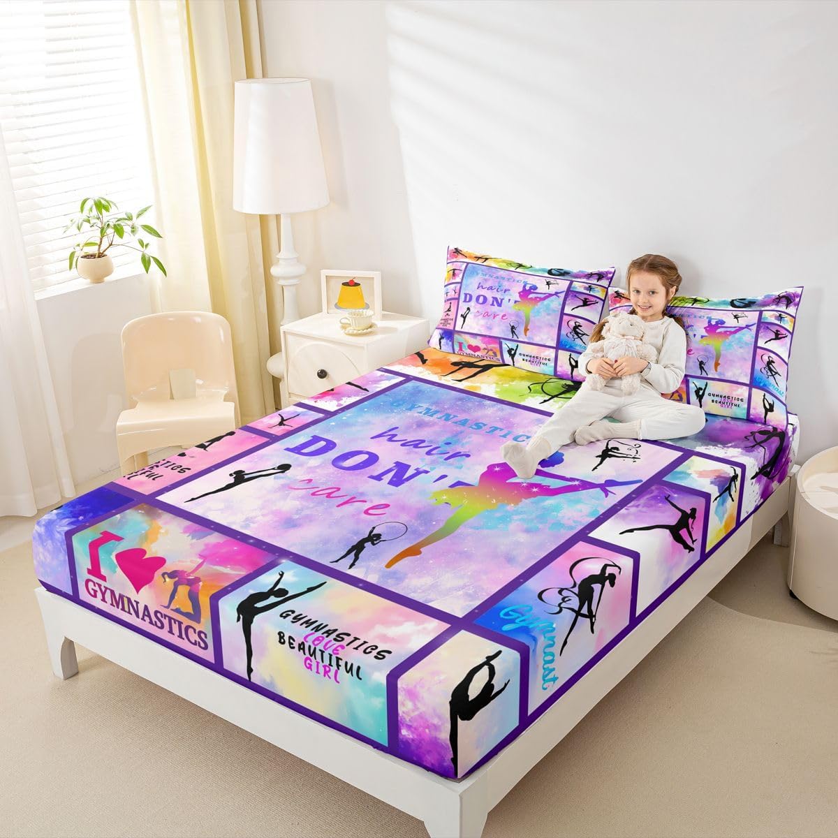 Erosebridal Gymnastics Gift Bedding Sets Queen Size, Gymnast Dancers Fitted Sheet Gifts for Gymnast Lovers, Watercolor Tie Dye Bed Sheet Plaid Patchwork Fitted Bed Sheets Bedroom Decor, Purple