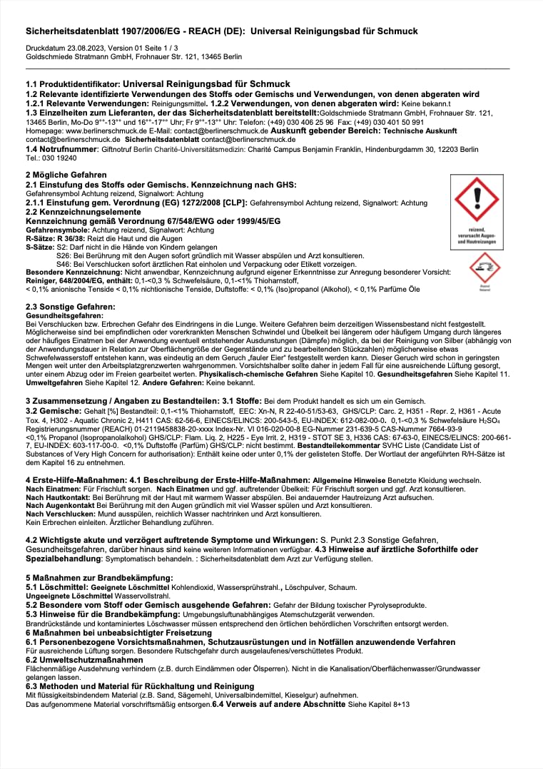 Universalreinigungsbad für Schmuck: Reinigen wie ein Profi! Gold, Silber, Modeschmuck; 1 Liter