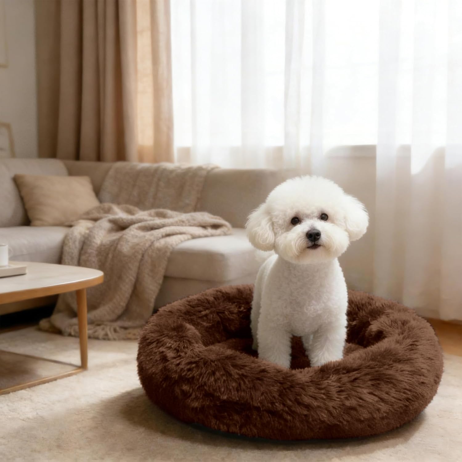 Comfort Donut Dog Bed for Small Dogs, Cat Bed & Pet Bed for Indoor Use, Medium Size with Soft Plush, Round Dog Beds for Large Dogs and Cats(Coffee,36''Lx36''Wx8''Th)