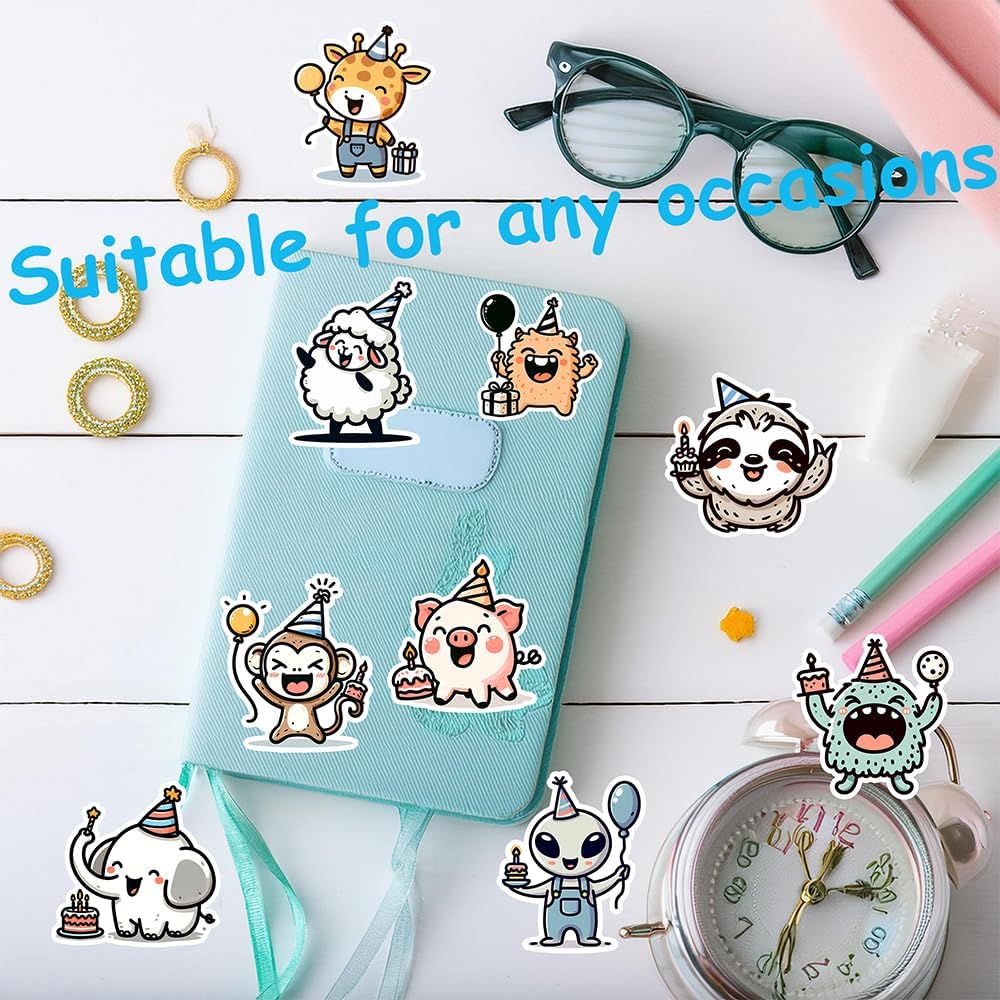 SAI 52 Pcs Birthday Animal Character Stickers, Premium Design for Waterproof Vinyl Decals for Water Bottle, Laptop, Phone, Skateboard, Diary for Kids, Teens, Boys and Girls, Adults