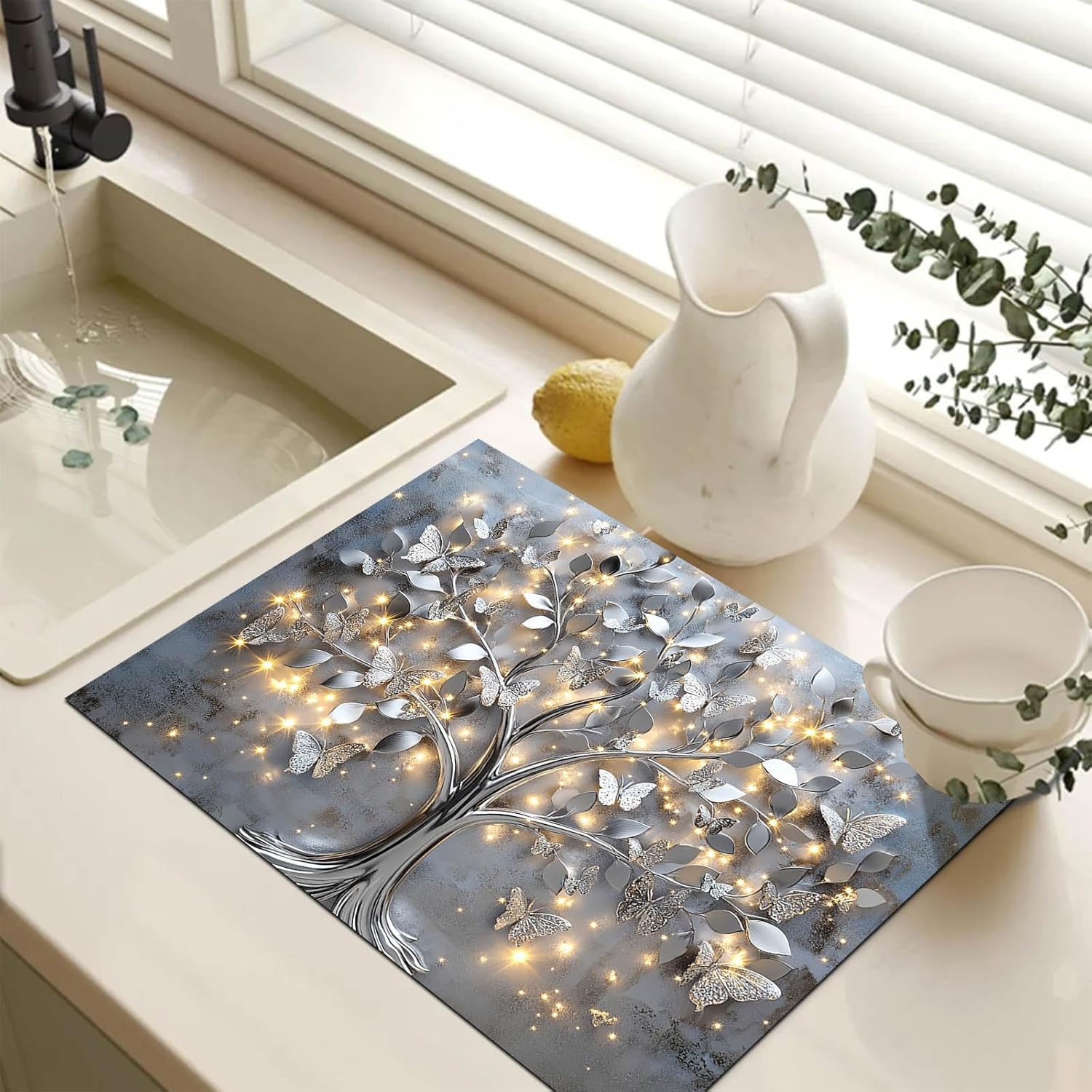 HOMETITUTE Silver Butterfly Tree Stove Top Cover for Electric Stove Decorative 28x20 Inch Diatomite Heat Resistant Kitchen Cooktop Protector Countertop Mat with Sparkling Metallic Leaves Design
