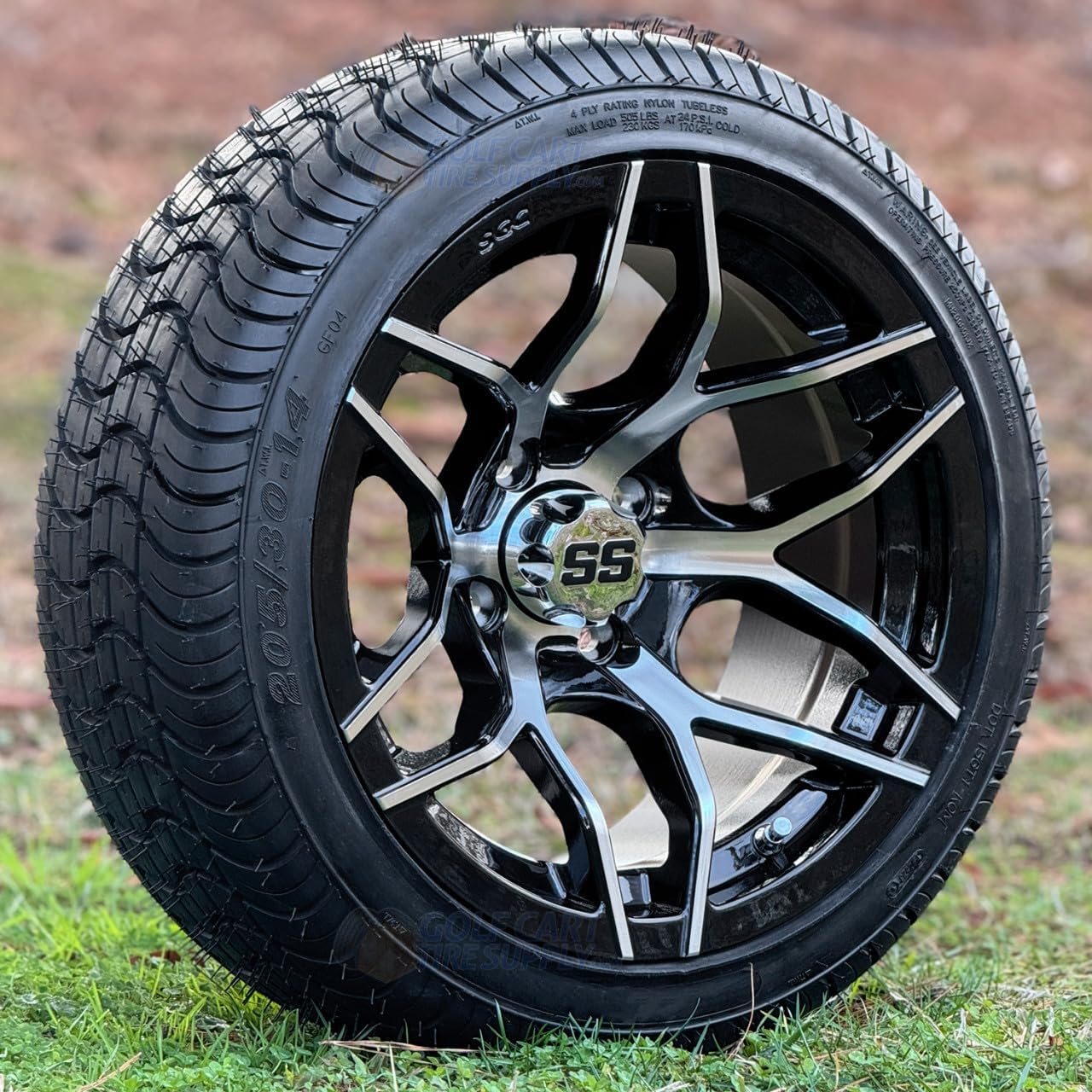14" Rally Machined/Black Golf Cart Wheels and 205/30-14" DOT Low Profile Tires - Set of 4 (Standard Lugs 1/2 x 20)