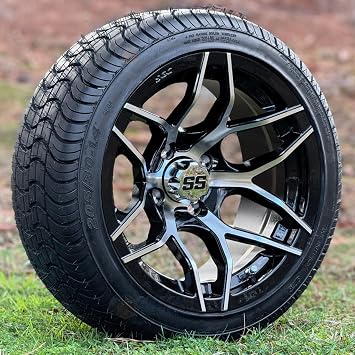 14" Rally Machined/Black Golf Cart Wheels and 205/30-14" DOT Low Profile Tires - Set of 4 Metric Lugs 12mm x 1.25