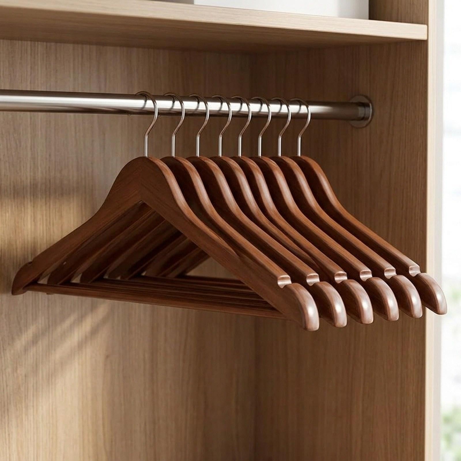 Juego de 10 Perchas de Madera Resistentes para Ropa, Tendedero, Perchas con Muescas para Los Hombros, Toallas Y Bufandas, Color Nogal, Individual