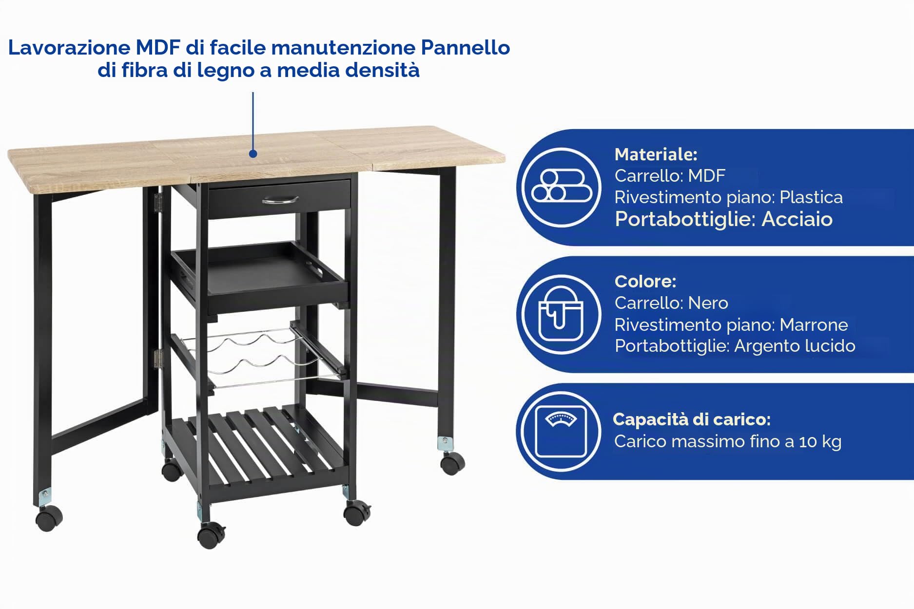 Maximex Carrello da cucina con ruote 97 x 77 x 37 cm, carrello da portata arrotolabile con pannelli laterali pieghevoli e vassoio estraibile, carrello compatto con superficie di lavoro, cassetti e