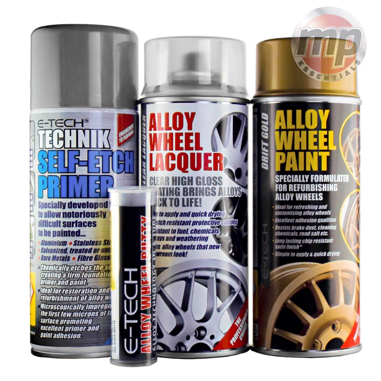 Mp Essential Drift Gold E-Tech 4 Step System Alloy Wheel Restore Refurbishment Repaint Pack | Alloy Wheel Primer, Lacquer & Paint With Free Putty Included (Drift Gold)