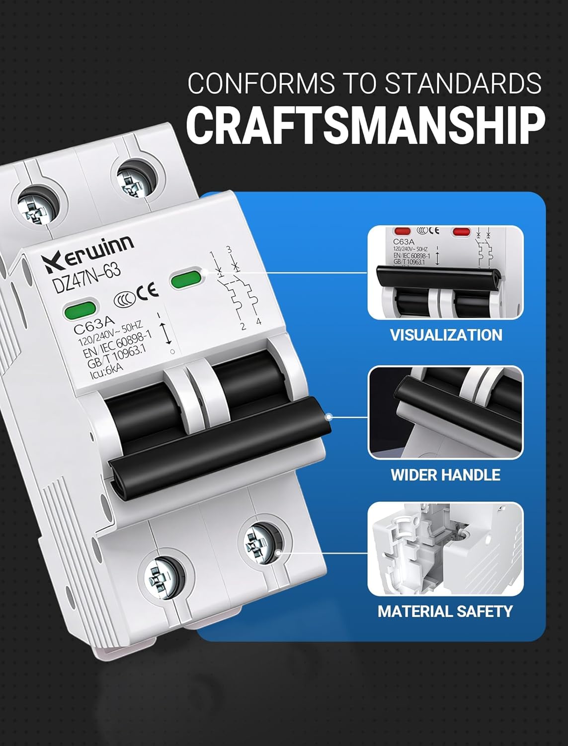 Miniature Circuit Breaker 2 Pole 63A (MCB),120V/240V 50/60Hz AC DIN Rail Mount Breaker, Compatible with Grid-Tied Solar Systems, RV & Home Circuits(C63A) - Image 5