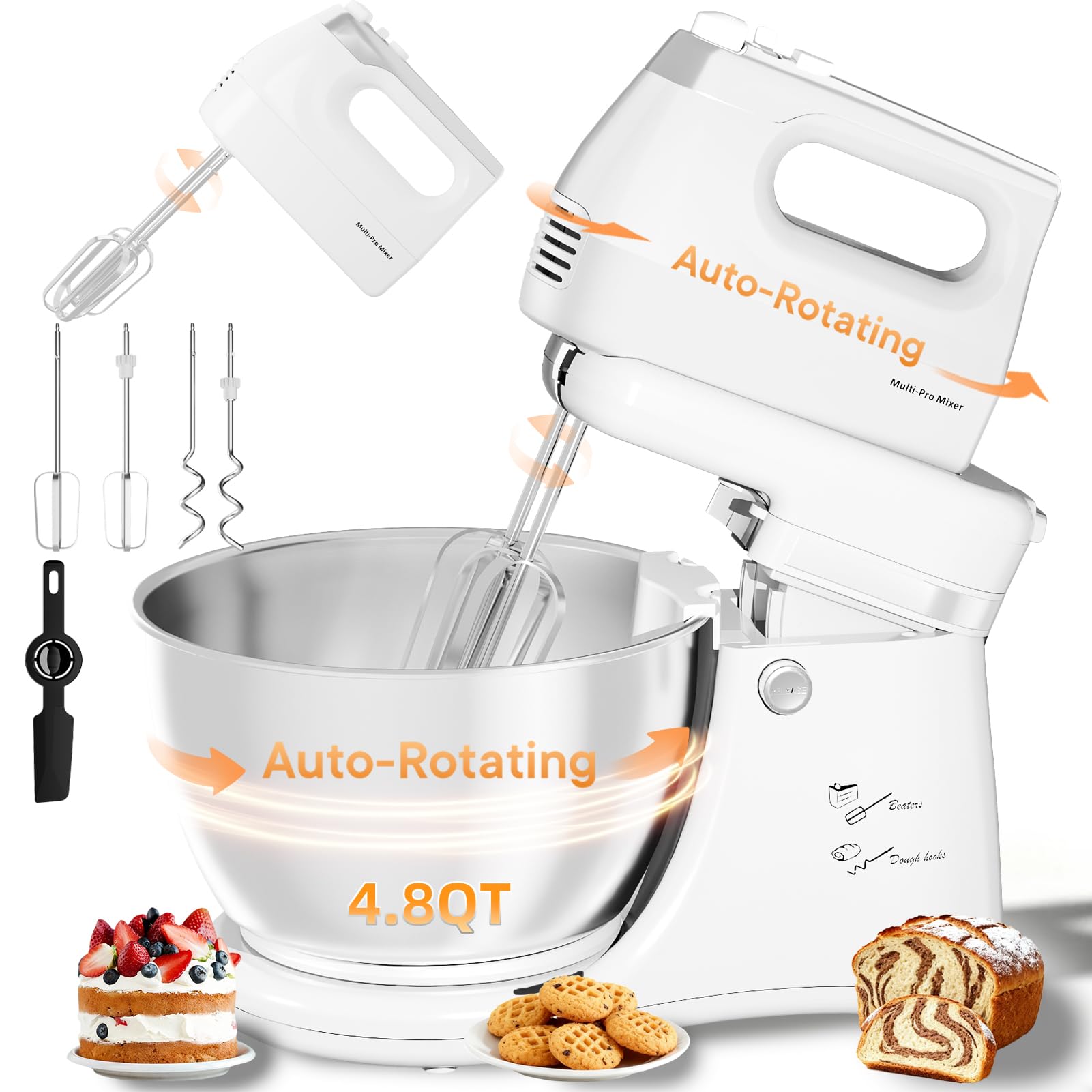 Stand Mixer Hand Mixer Kitchen Electric - 2-IN-1 4 8 QT Auto-Rotating Bowl Beater Tilt-Head Standing Mixer 250