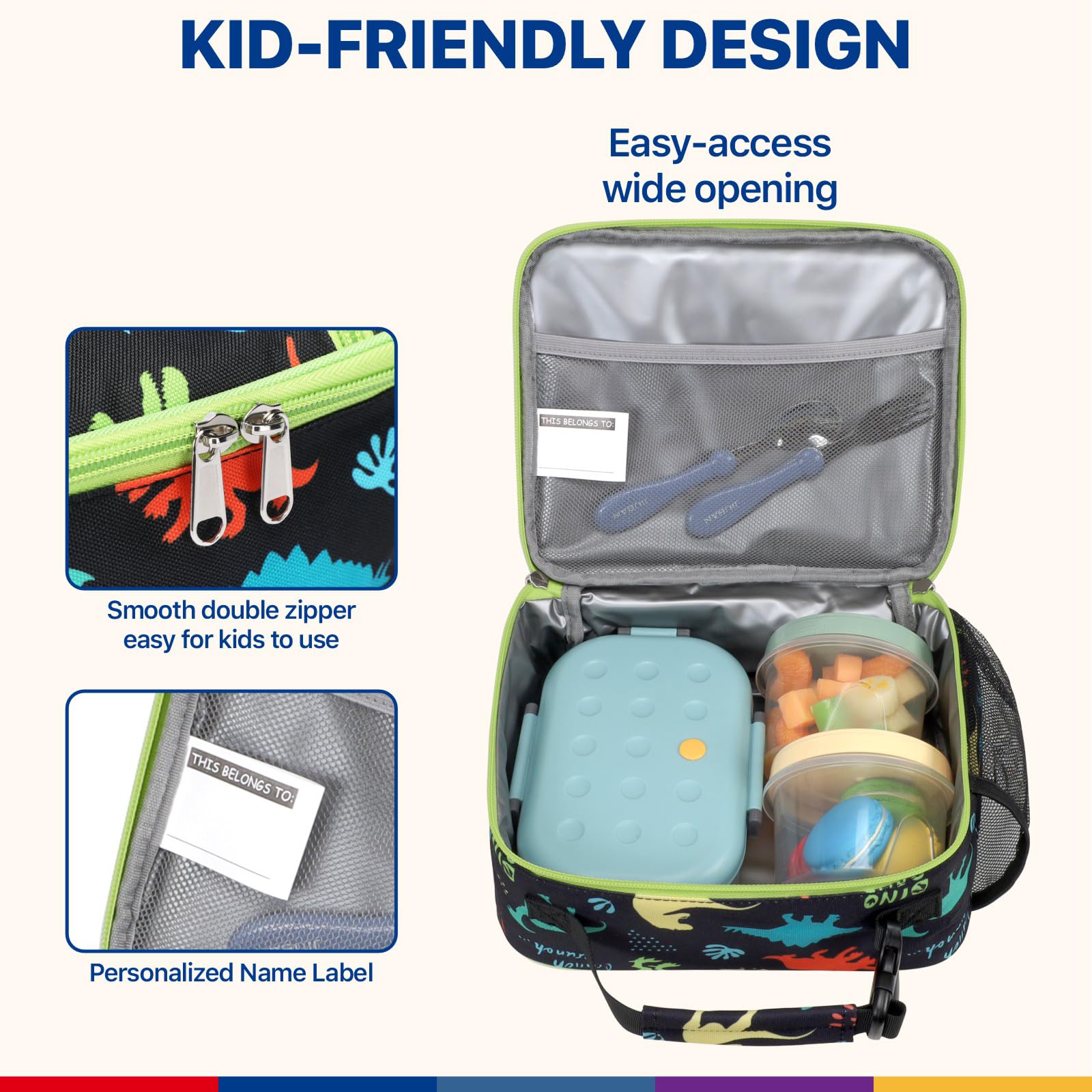 Bagseri Sac à déjeuner pour enfants garçons – Boîte à déjeuner réutilisable et isotherme pour la garderie et l'école, dinosaure noir (bouteille d'eau non incluse)