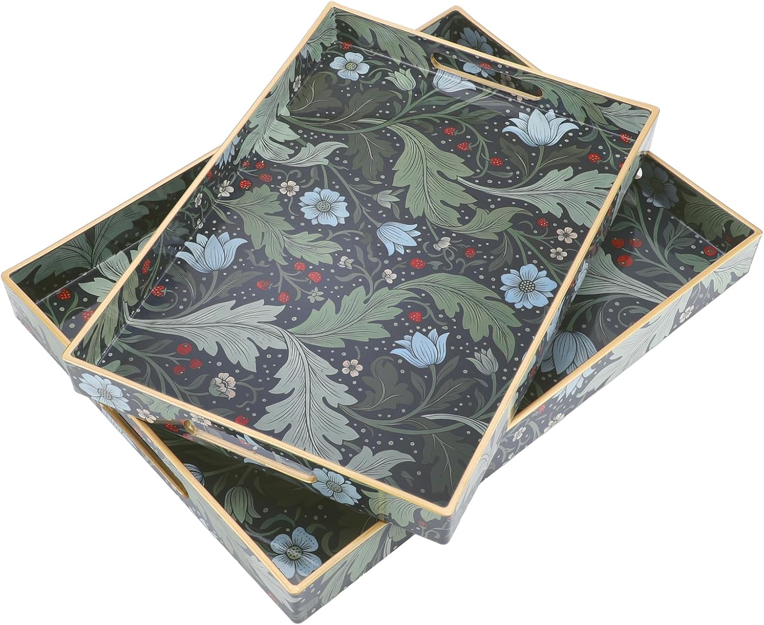 2 Pcs Serving Trays with Handles, Plastic Tray for Ottoman Coffee Table William Morris Decorative Large Rectangular Tray for Serving Living Room Home Tea Coffee Table Decor(Blue,Leicester)
