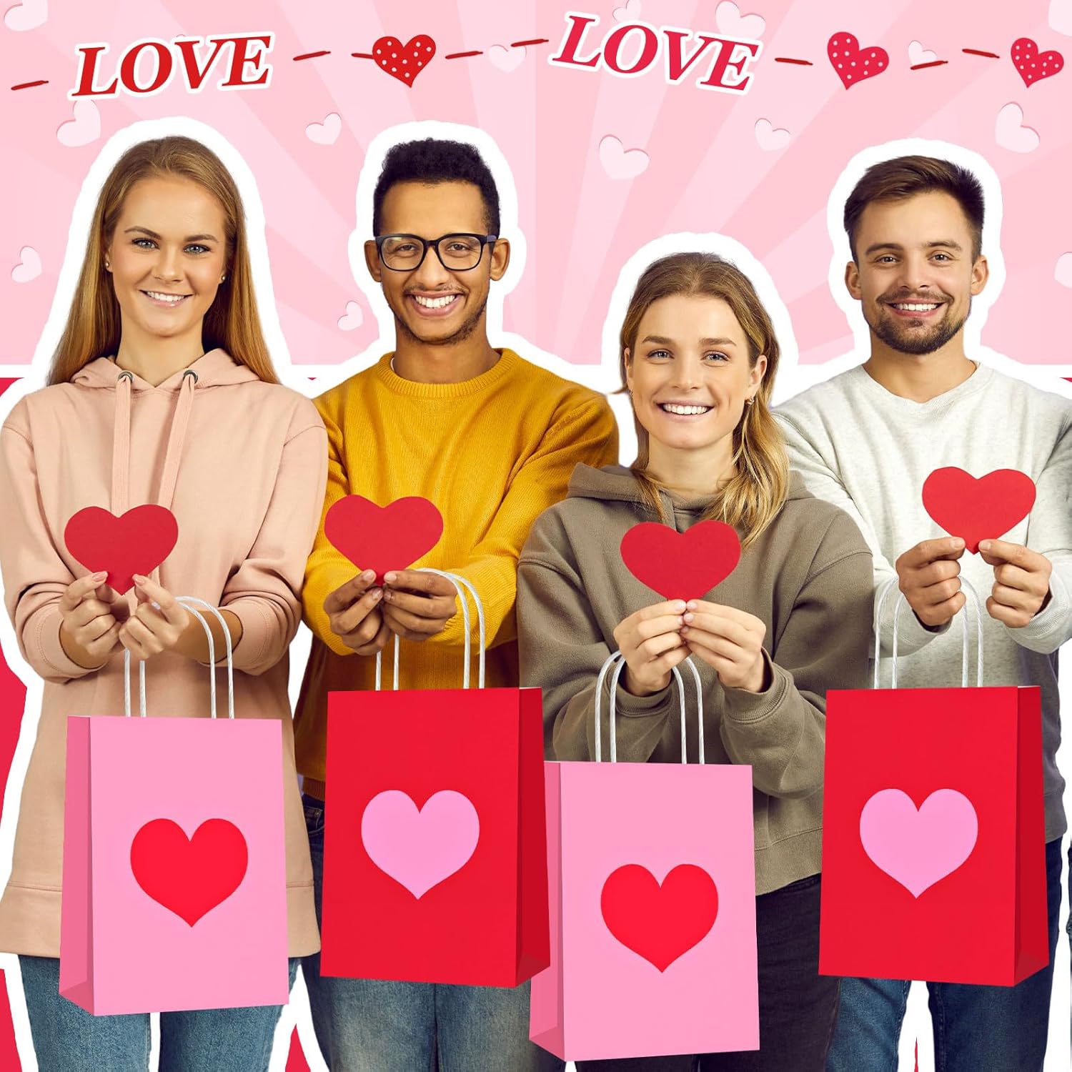 Engrowtic 48 Pcs Valentine's Day Heart Gift Bags Bulk with Handle Red and Pink Kraft Paper Wrapping Bag Galentines Heart Shaped Goodie Candy Gift Bags for Wedding Party Favors Supplies