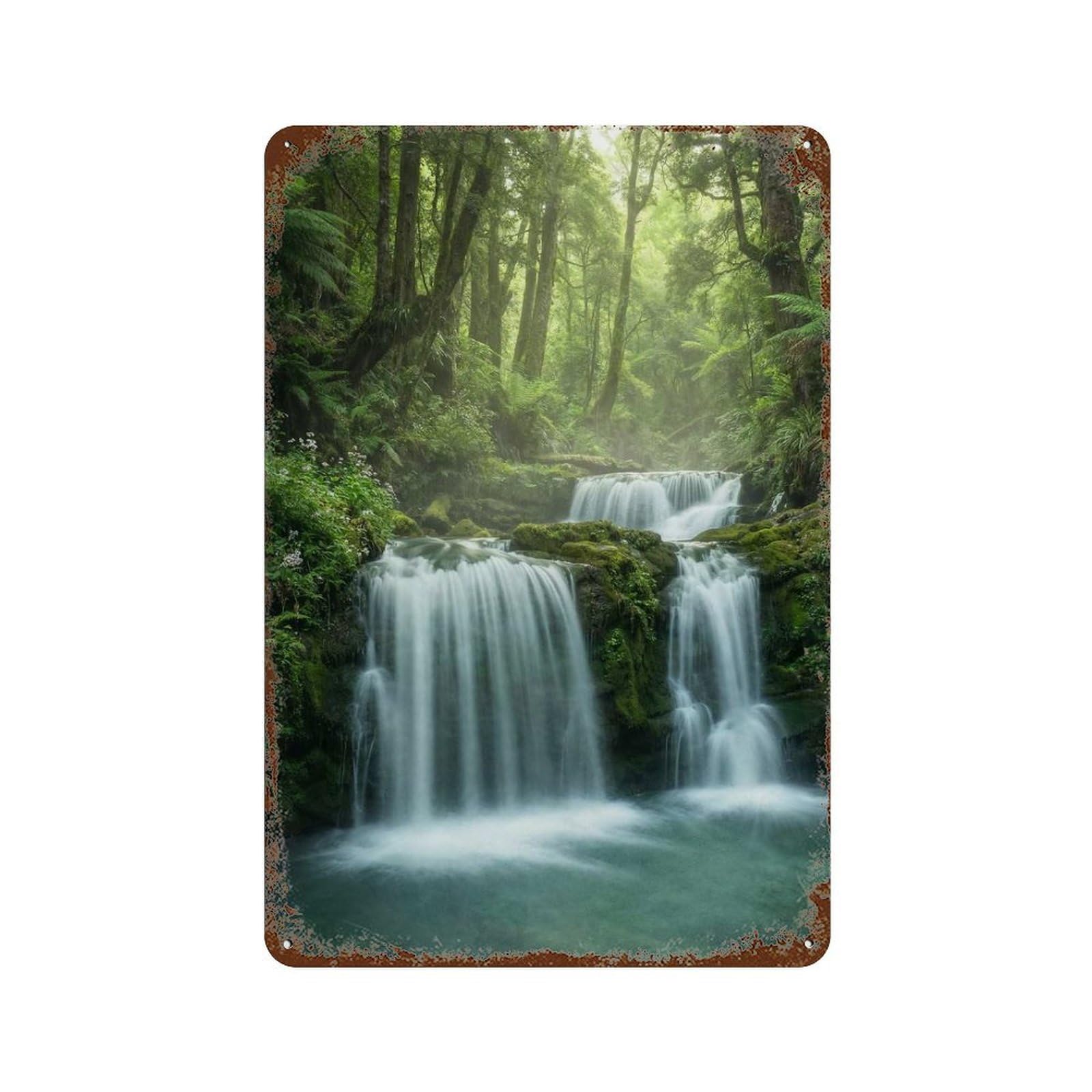 Lush Forest Waterfall 11.8"x7.9" Weathered Tin Sign, Shabby Chic Decor for Farmhouse, Kitchen And Entryway Decor