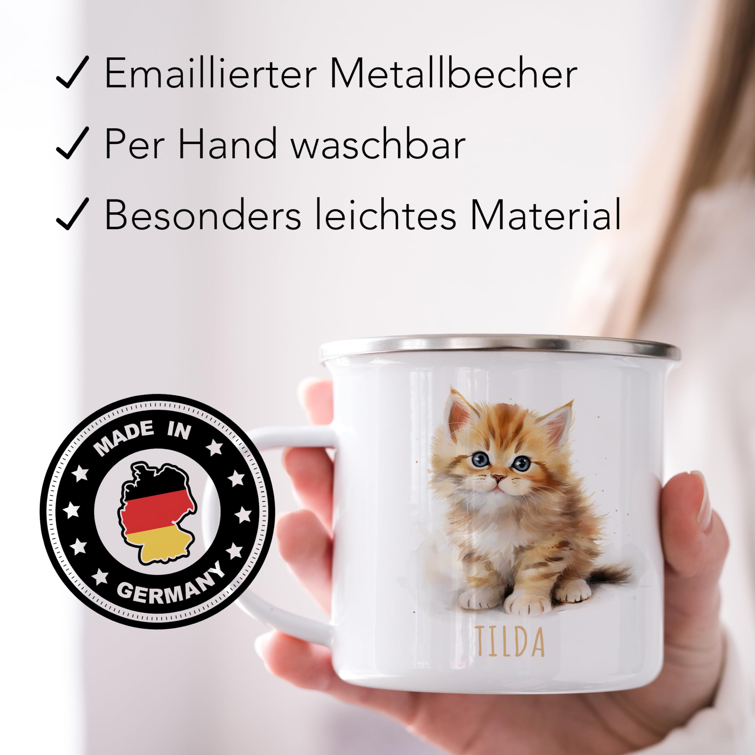 Katze Emaille Tasse Kinder Trinkbecher personalisierte Kindertasse mit Namen süßer Kinderbecher für Mädchen & Jungen Geschenk Emaille Becher 300 ml