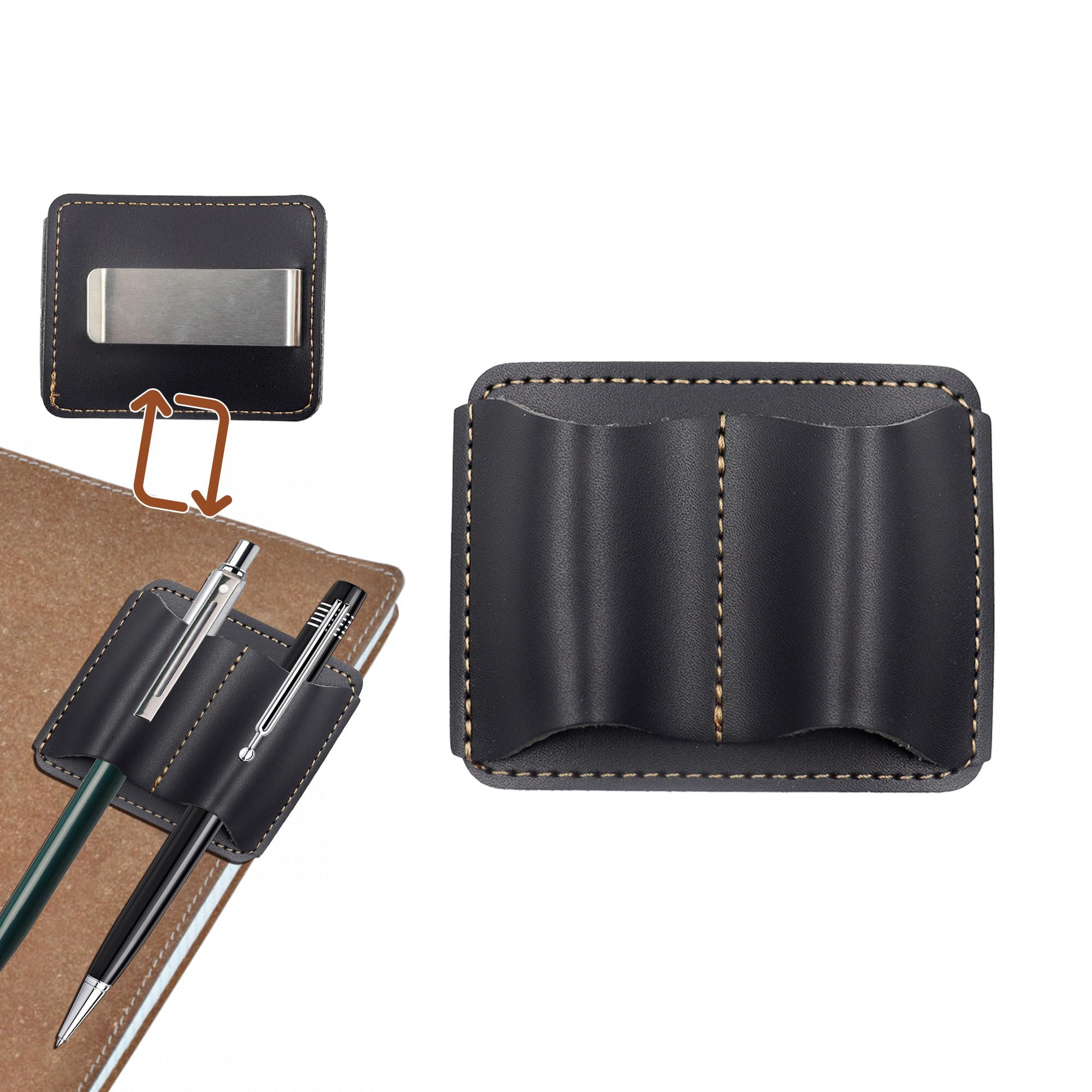 Simaixing Leather Pen Holder for Notebook, 2.9 x 2.3Inch Handmade Small Notebook Pen Holder with Clip, Double Slot Pencil Pen Sleeve for Journal, Book, Clipboard (Black)