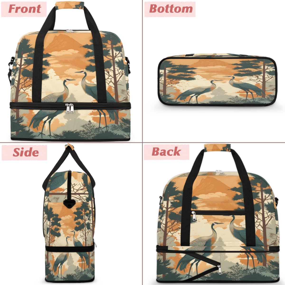 QsirBC Amusing Cranes Theme Gym Bag for Women Duffle Tote with Shoes Compartment Men Weekender Duffel for Dance Travel Sports Swimming Overnight