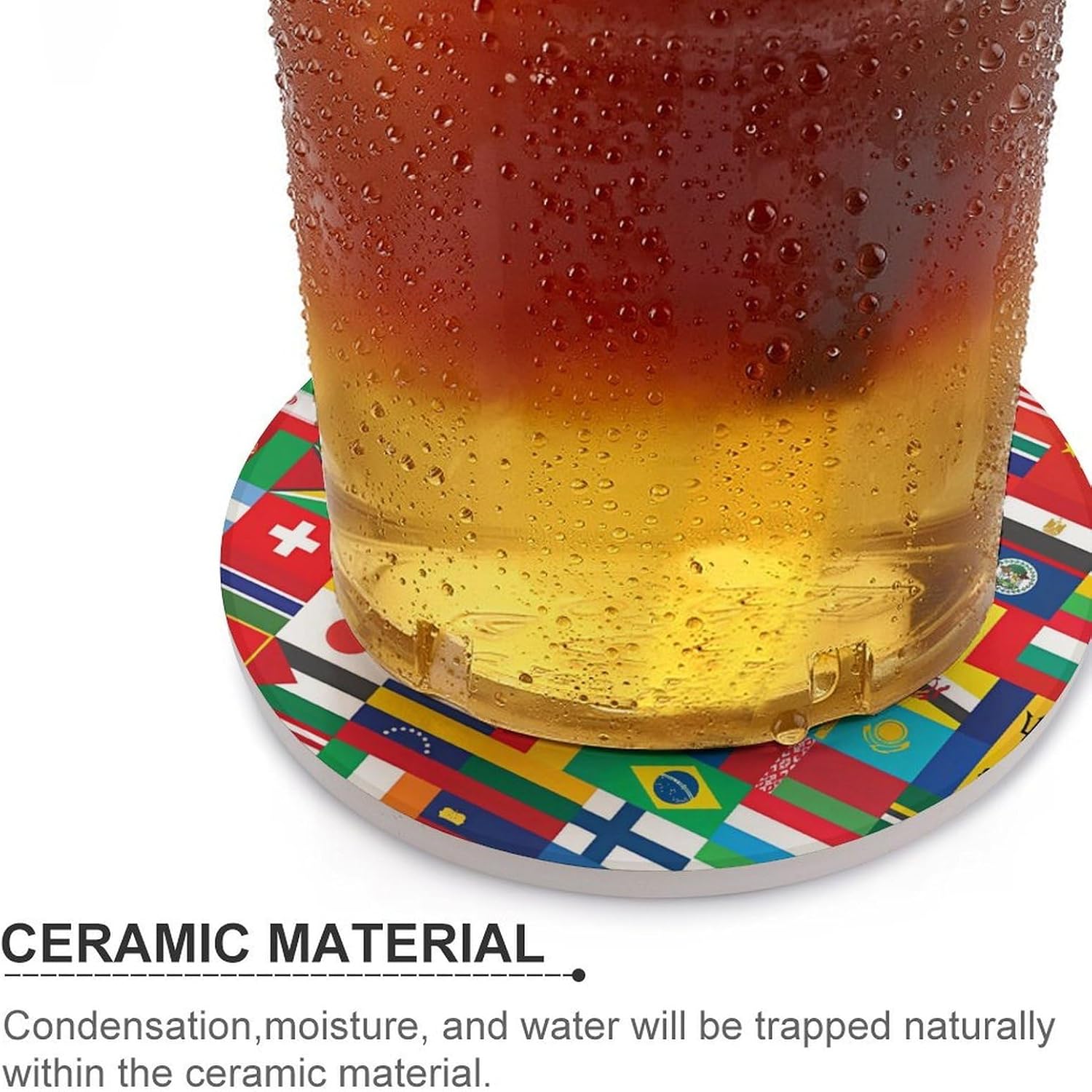 World Country Flags Round Ceramic Coasters for Drinks Absorbent Cup Holder Tabletop Protector with Cork Base