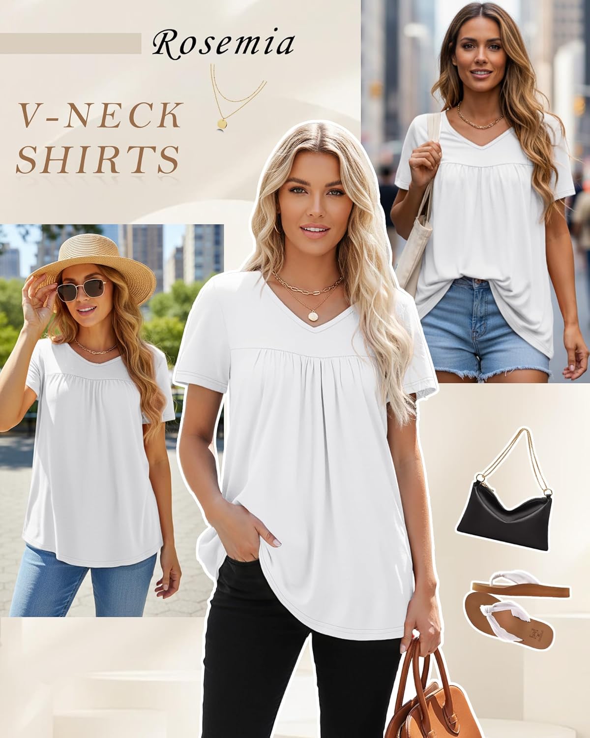 T Shirts for Women Short Sleeve Tops Casual Pleated Front Blouses V Neck Summer Tees - Image 3