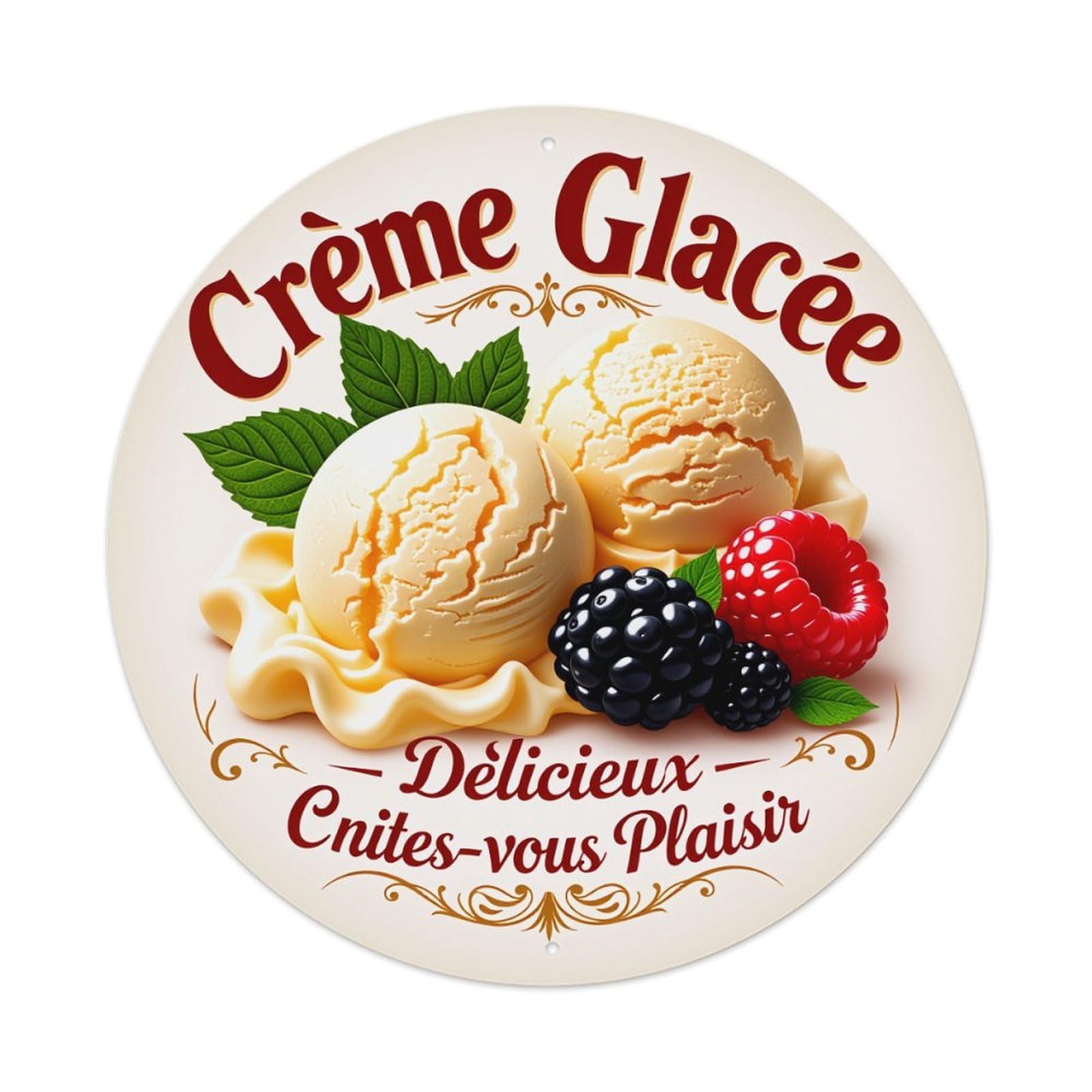 Cream Ice Cream Berry Garnish Decorative Vintage Metal Tin Sign Retro Wall Decor for Home Bar Garage Cafe, Indoor & Outdoor Decorative，circle Metal Poster, 8x8 Inch
