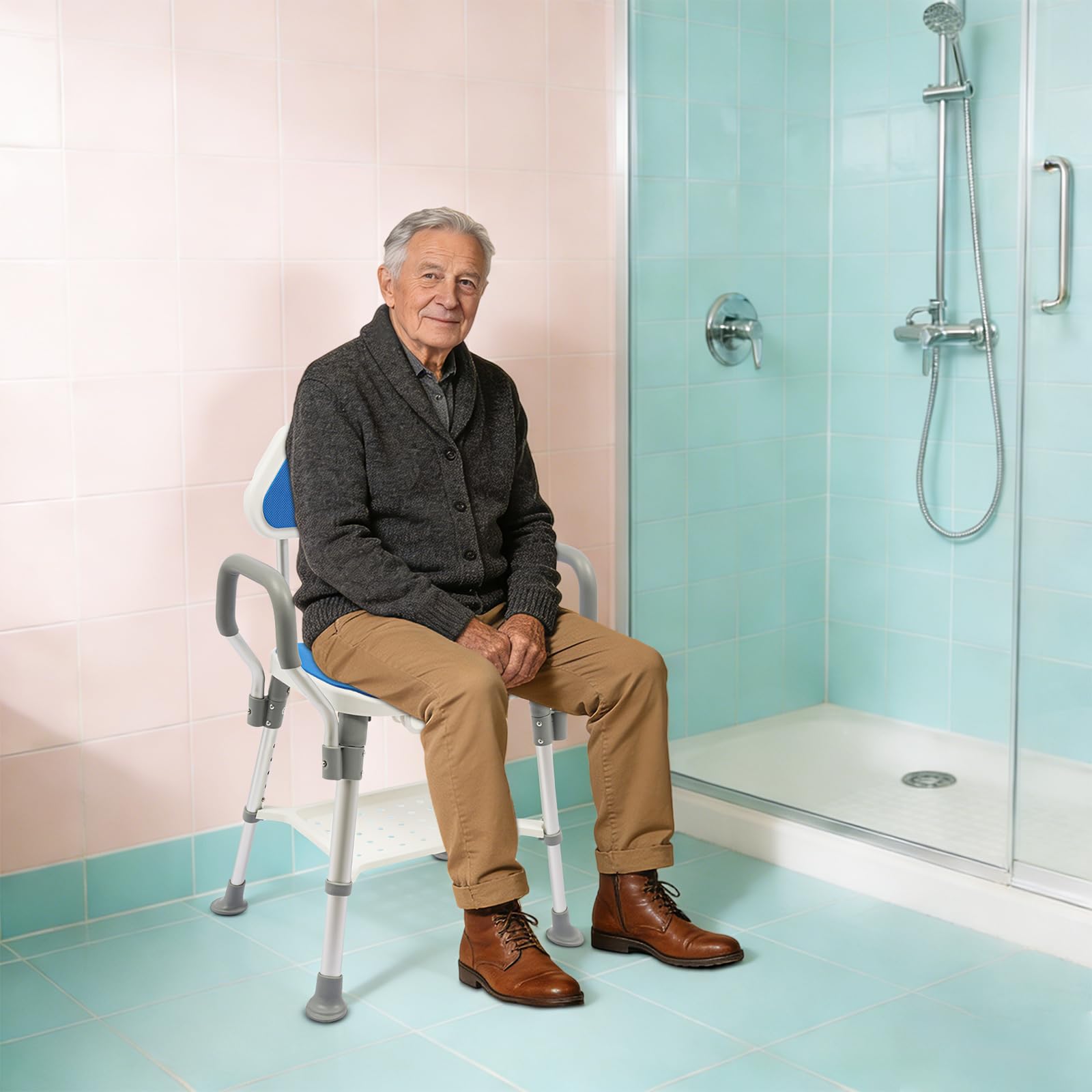 Taburete de ducha con respaldo, 5 niveles de altura regulable 38-48 cm, silla de baño con capacidad de carga de 150 kg, asiento de ducha con reposabrazos, asiento de ducha antideslizante