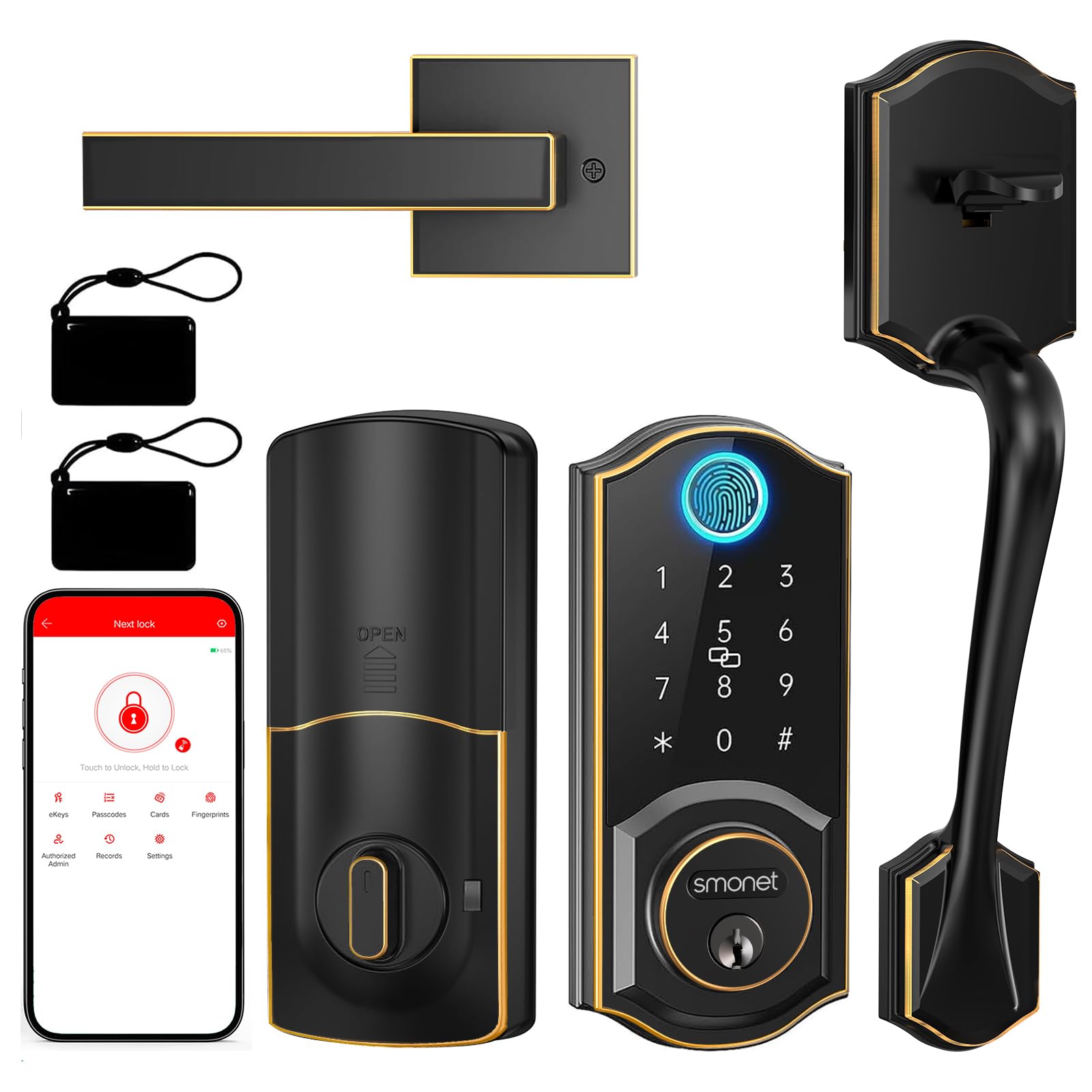 SMONET Front Door Lock Set Keyless Entry, Smart Door Lock with Handle, Fingerprint Keypad Bluetooth Alexa Deadbolt Lockset Suitables for Rental Management and Smart Home Residents Oil Rubbed Bronze