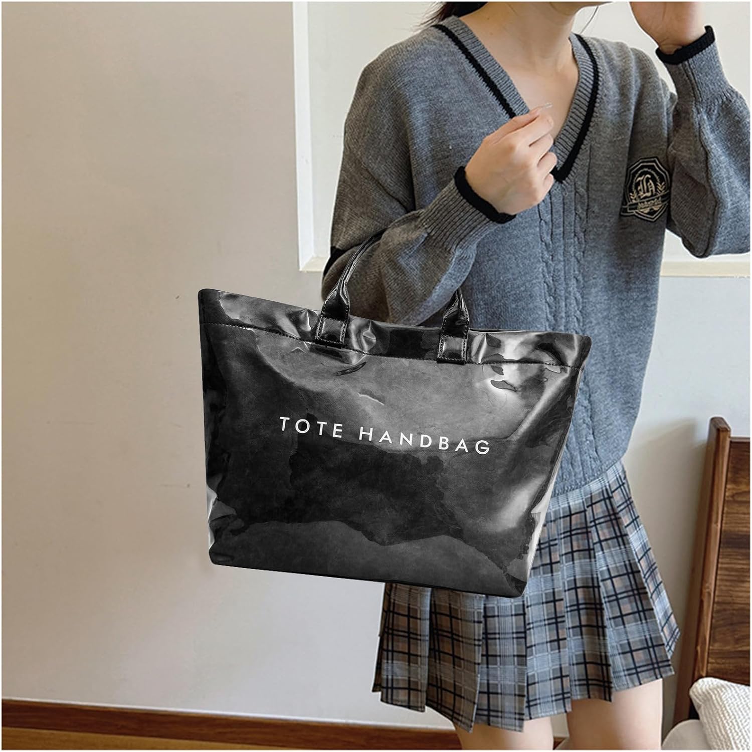 ALUSBELL Large PVC Tote Bag for Women Letters Print Tote Handbag Kraft Paper Travel Shoulder Bag Clear Carry All Hobo Handbag - Image 3