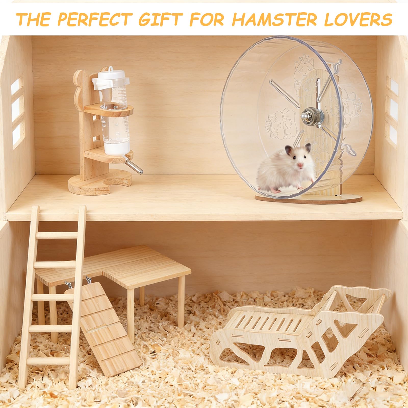 Hamsterspielzeug Komplettset - Geräuschloses lautloses Laufrad, Labyrinth-Holzhaus, Ständer, Kauspielzeug & Wasserflaschenkäfig-Zubehör für Hamster, Ratten, Mäuse, Kleintier-Lebensraum