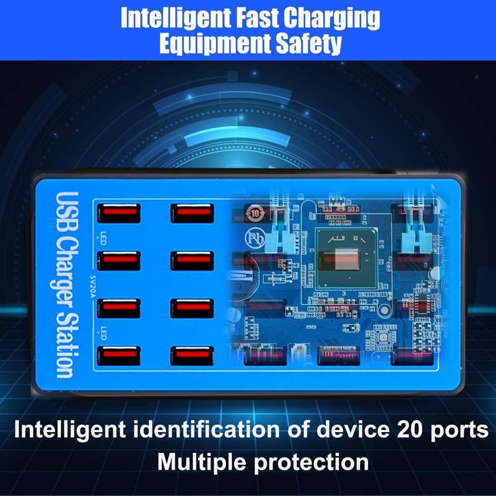 Stazione di Ricarica USB, Stazione di Ricarica USB da Tavolo a 20 Porte da 100 W, Caricabatterie Intelligente USB Multifunzione per Smartphone, Tablet, ventole USB, Mouse e tastier