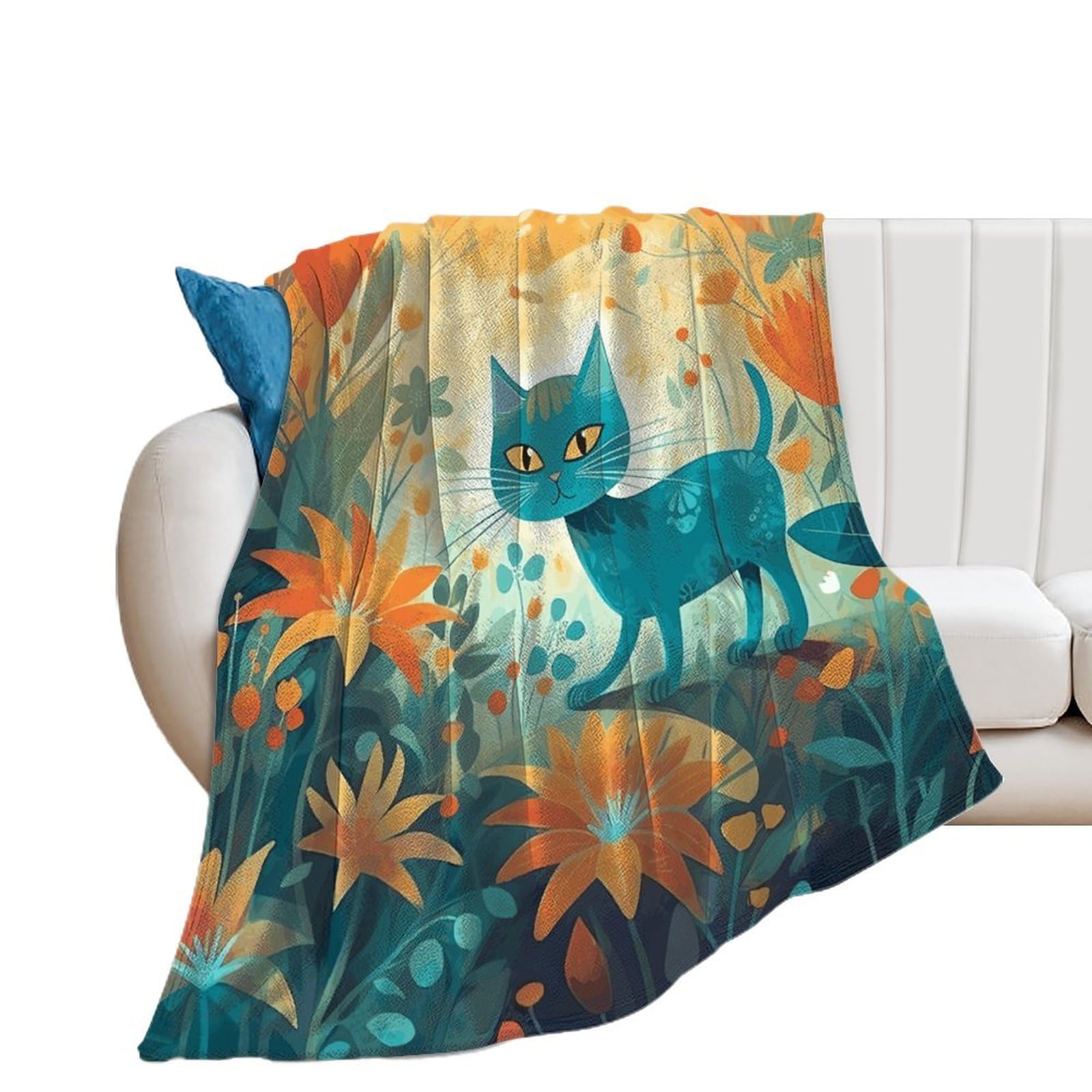 Couverture flanelle chat et fleurs plaid léger pour lit doux