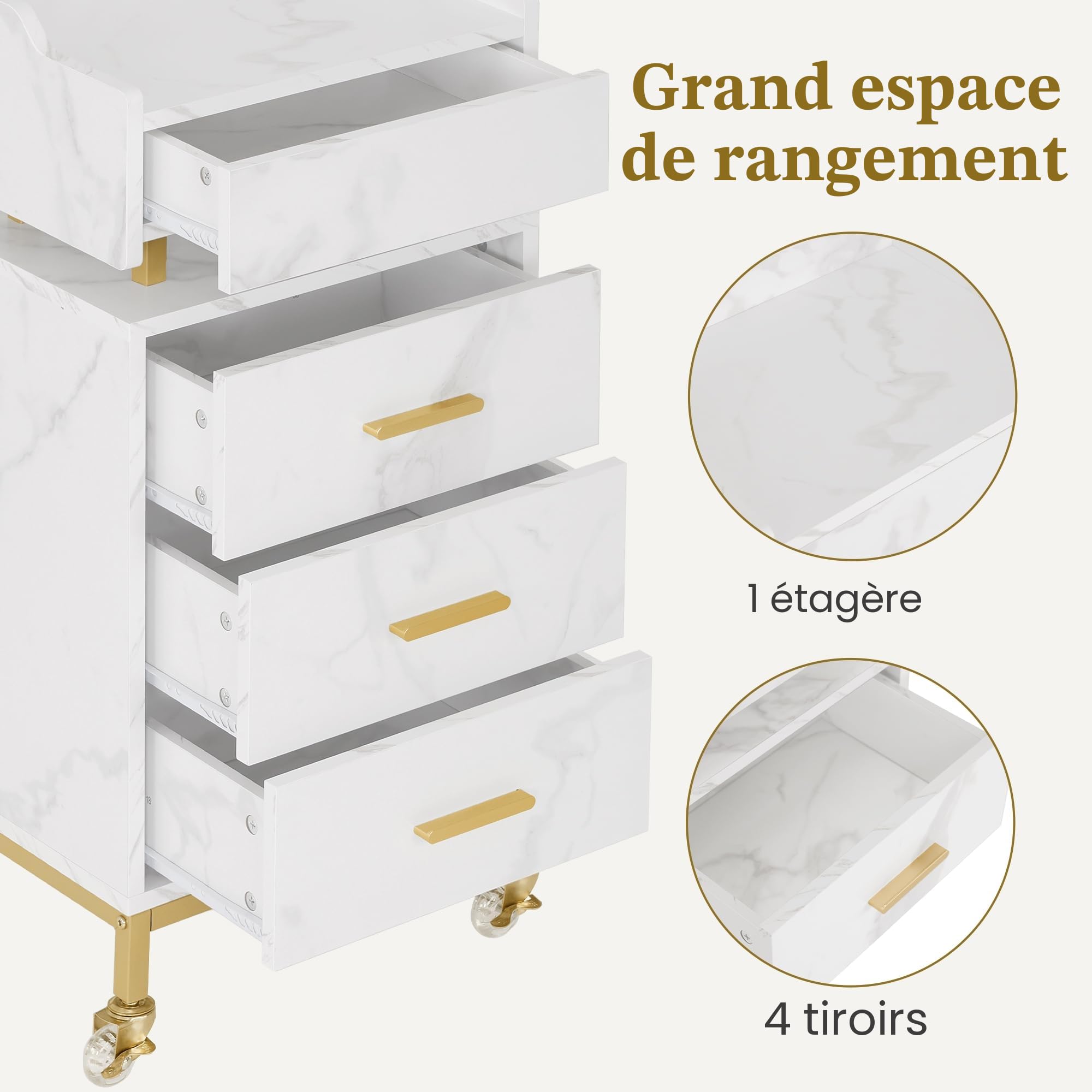 M MCombo Chariot de Service avec roulettes 4 tiroirs, Chariot de Coiffure Blanc, Chariot de Salon avec étagère, 30x40x86,5 cm