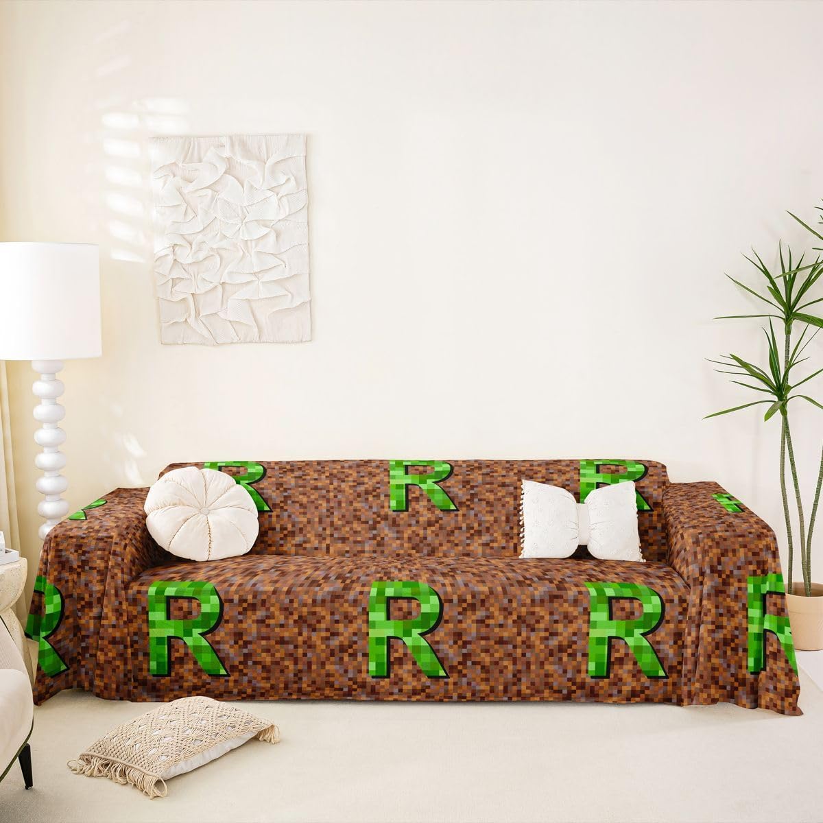 Erosebridal Personalized Initial Letter R Sofa Cover 71" x 118" Pixel Grid Miners Couch Cover Video Game Geometric Plaid Couch Blanket Pixelated Miners Gamer Sofa Slipcover