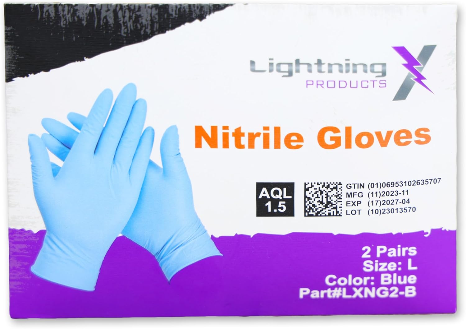 Lightning X Products Blue Nitrile Glove Pairs, Individually Packed, 100 Gloves, 50 Pairs, 25 Carded Packs of 2 Pairs - Large