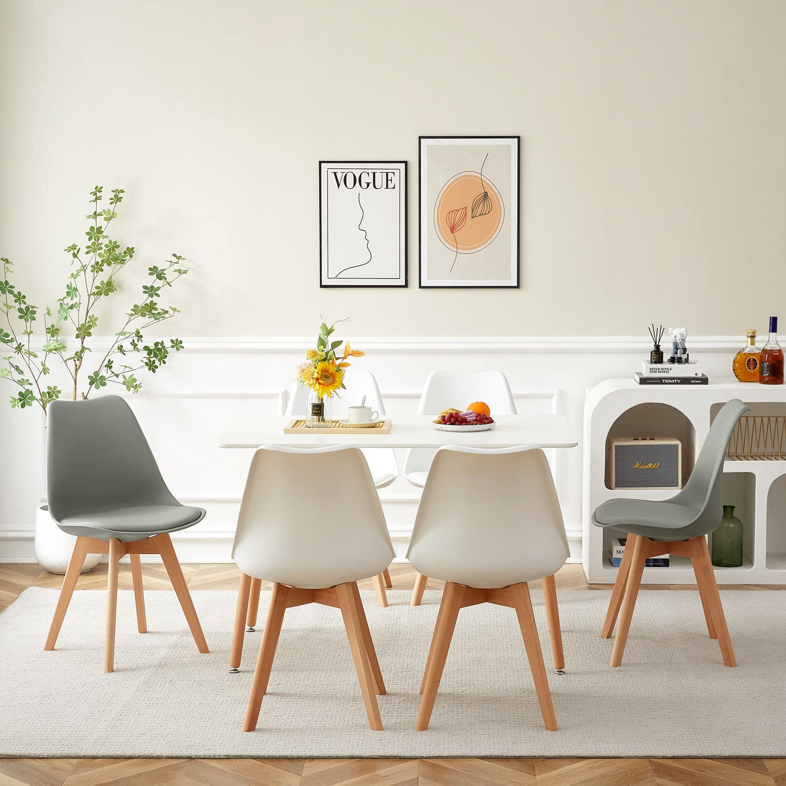 Ensemble de Salle à Manger LafeuR avec Table et 6 Chaises pour 6 Personnes (Blanc Table+4 Blanc & 2 Gris Chaises)