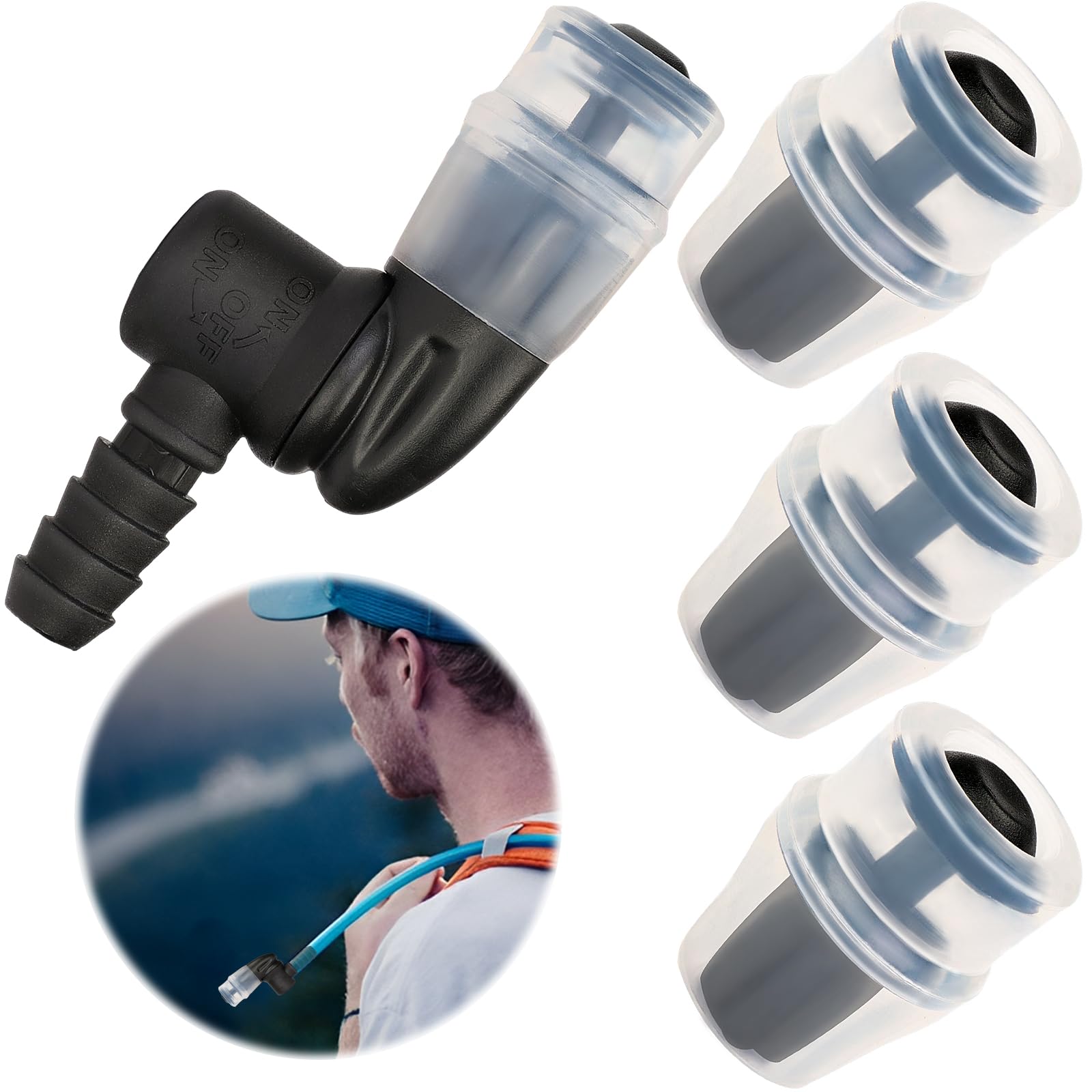 4Pcs Bite Valve Replacement with a Connector for Hiking Backpack Water Bladder Hose, Black Silicone Replacement Bite Valve Sheath Compatible with Osprey Packs Hydraulics Reservoirs