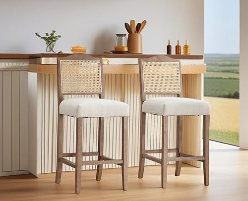 CIMOTA Juego de 2 taburetes de ratán de 30 pulgadas de altura de mostrador, sillas de bar modernas de mediados de siglo, taburetes de bar tapizados