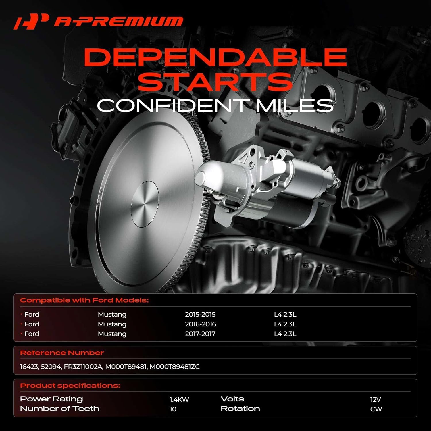 A-Premium Starter Motor Compatible with Ford Mustang 2015 2016 2017 2.3L, 12V 1.4KW 10-Teeth Clockwise