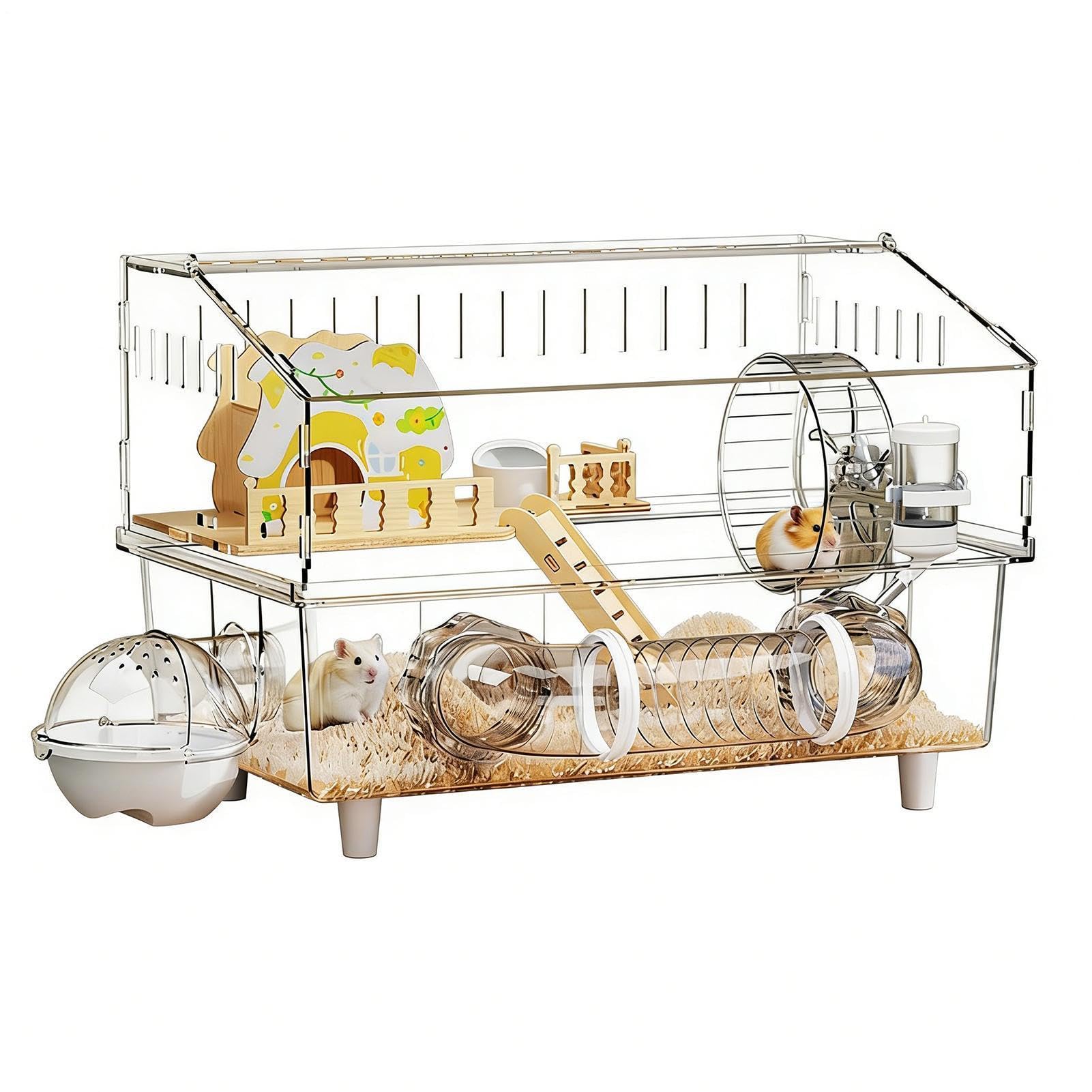 Hábitat para Hámster Casa Transparente de 2 Niveles para Chinchilla | Jaula para Hámster para Cobaya, Mascota Pequeña, Observación en Casa, Interior y Exterior