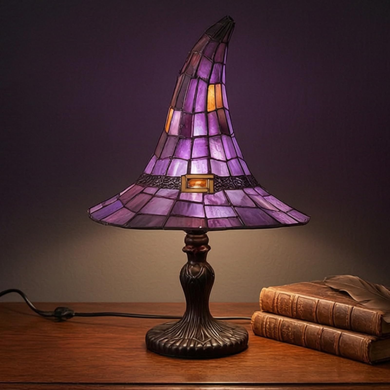 Tiff-any Style Stained Glass Witch Hat Lamp - Handcrafted Retro Resin Bedside Lamp, USB Powered Gothic Wizard Hats Lava Lamp Effect Night Light, Halloween Home Decor Accent for Bedroom & Bookshelf (S)