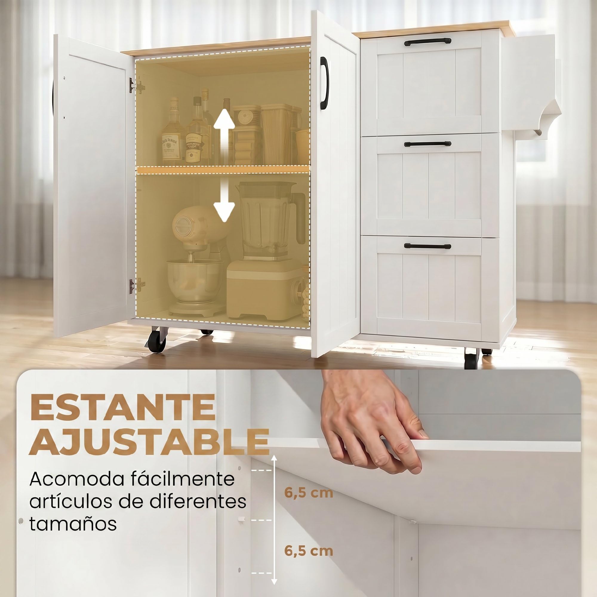 HOMCOM Isla de Cocina con Encimera Extensible y Estación de Carga, Carro de Cocina con Ruedas, 2 Puertas, 3 Cajones, Estantes Ajustables, Especiero y Toallero, Blanco
