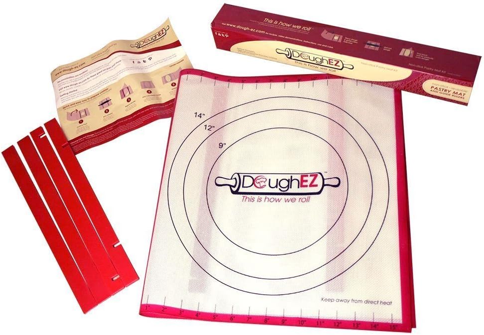 DoughEZ Patented Extra Large 17.5 x 32 Non-Slip Silicone Pastry Dough Rolling Mat and 6 Guide Sticks - BPA Free, Approved materials