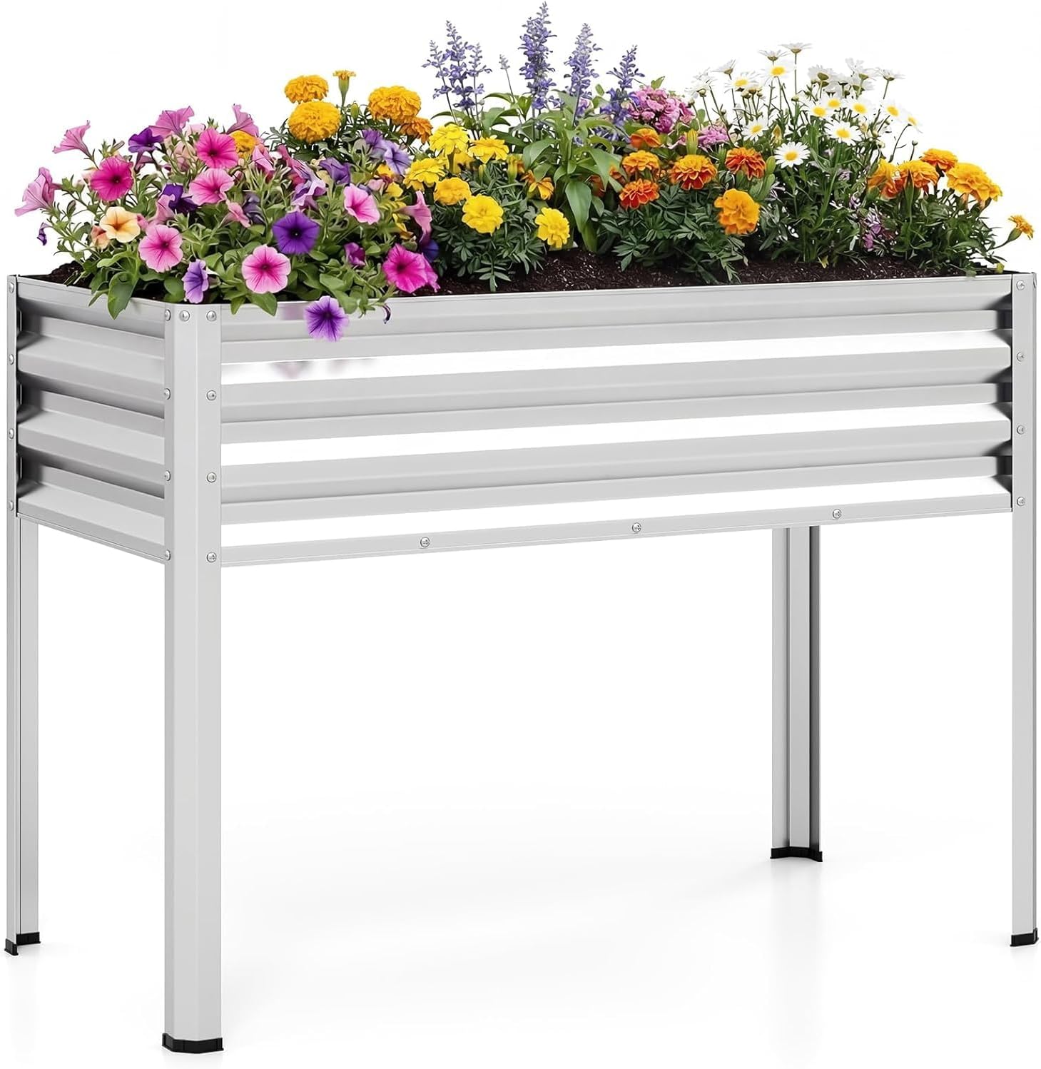 GOPLUS Metal Raised Bed, Raised Flower Bed with Legs & Drainage Holes, Flower Box Planter for Vegetables, Herbs & Flowers, Herb Bed for Garden, Balcony, Patio, 112 x 55 x 81 cm (Silver)