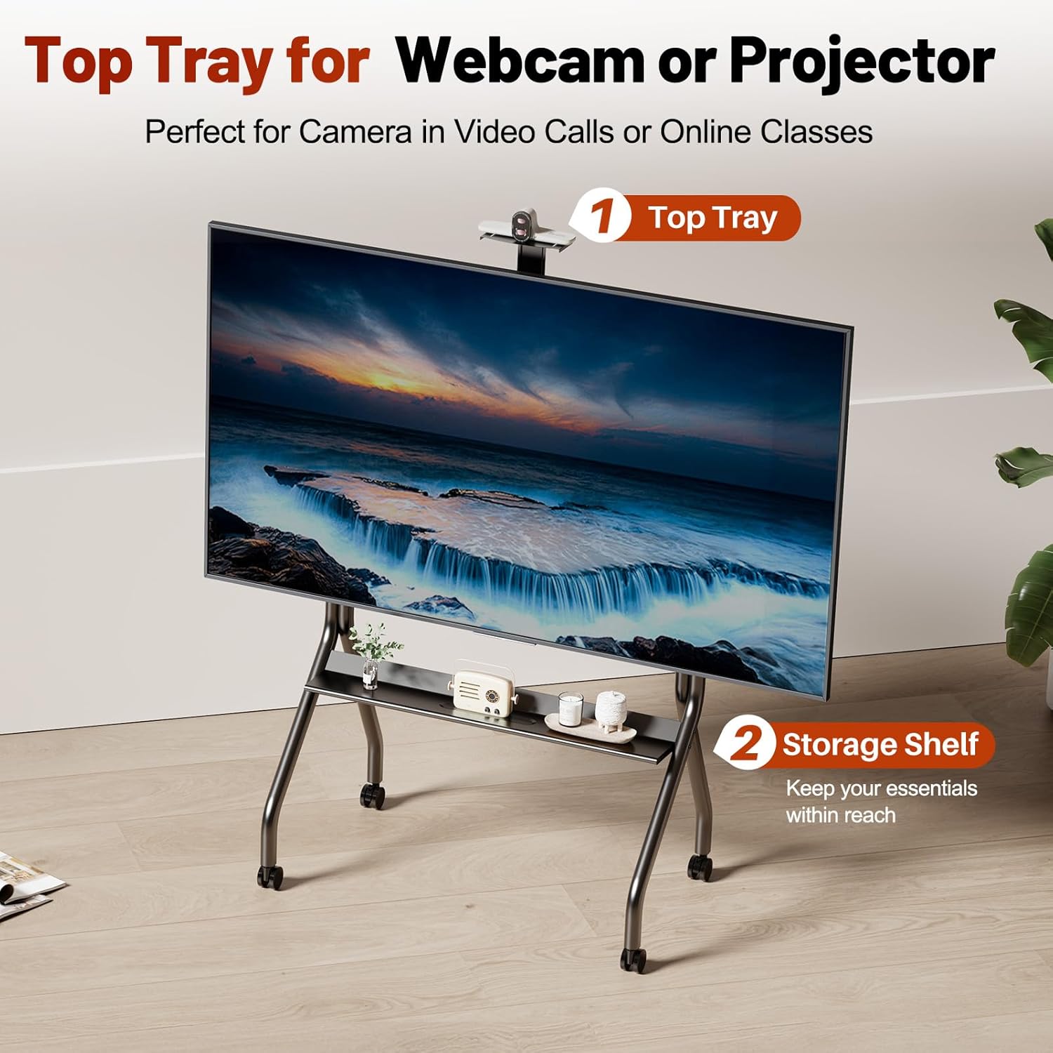 Mobile TV Cart，Rolling TV Stand for 55-100 Inch Large TVs – Heavy Duty Rolling TV Cart with AV Shelf & Camera Mount, Height Adjustable TV Stand on Wheels Holds up to 220 lbs, Max VESA 1000x600 (Black)